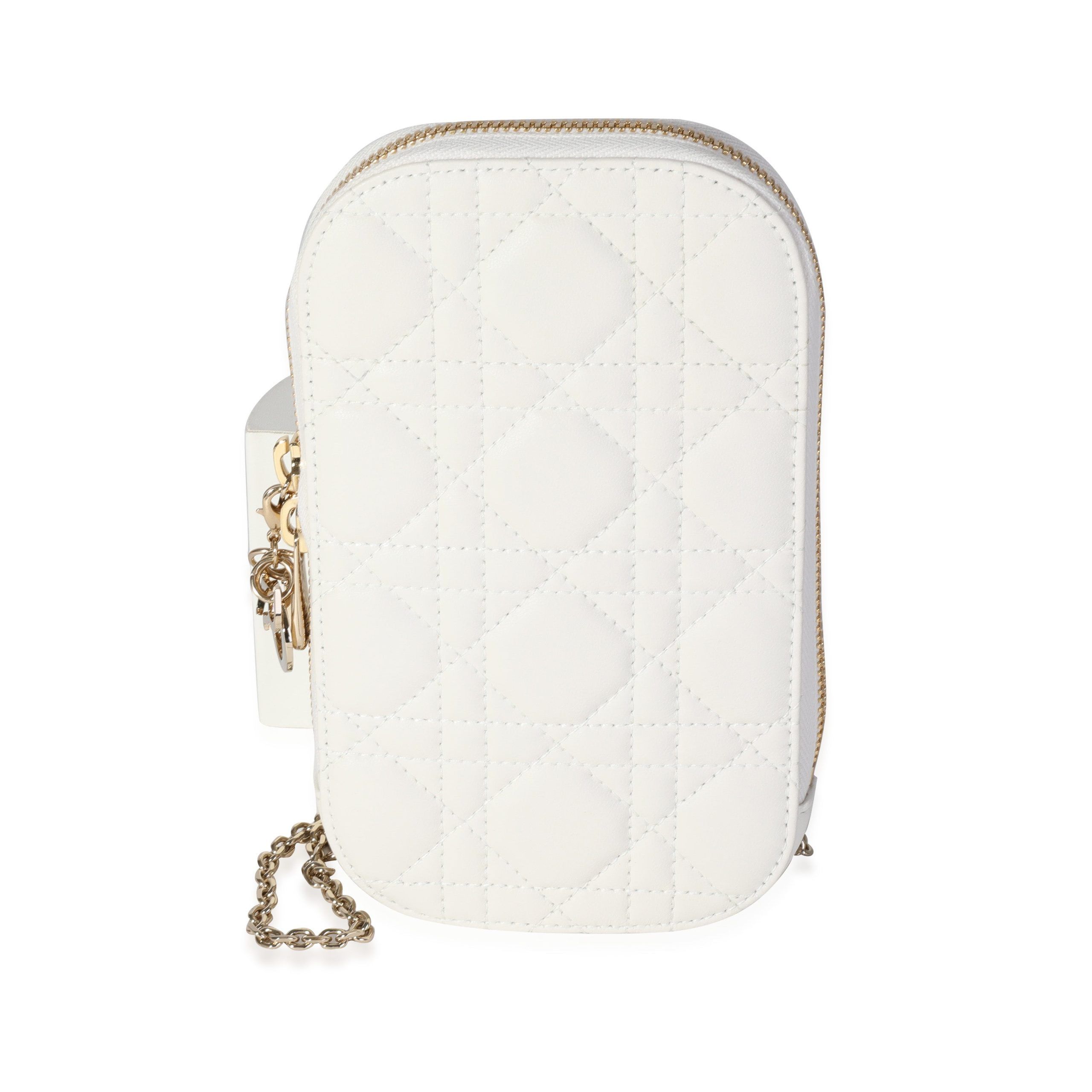 image of Dior Latte Cannage Lambskin Lady Phone Holder in White, Women's