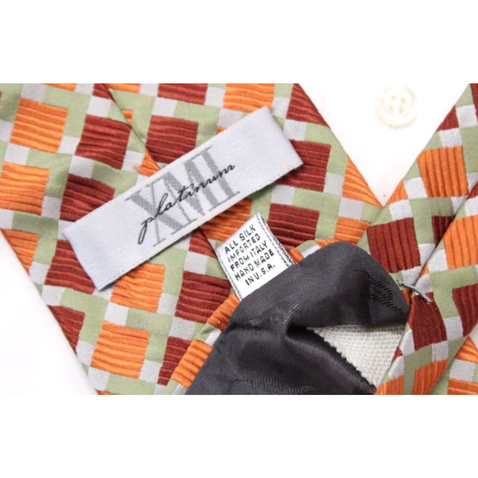 Vintage XMI Necktie Men Orange Rust Squares Geometric Designer Silk Classic 57"-60" One Size USA Men's Tie 100% Silk Adjustable Handmade Vintage Size ONE SIZE - 4 Thumbnail