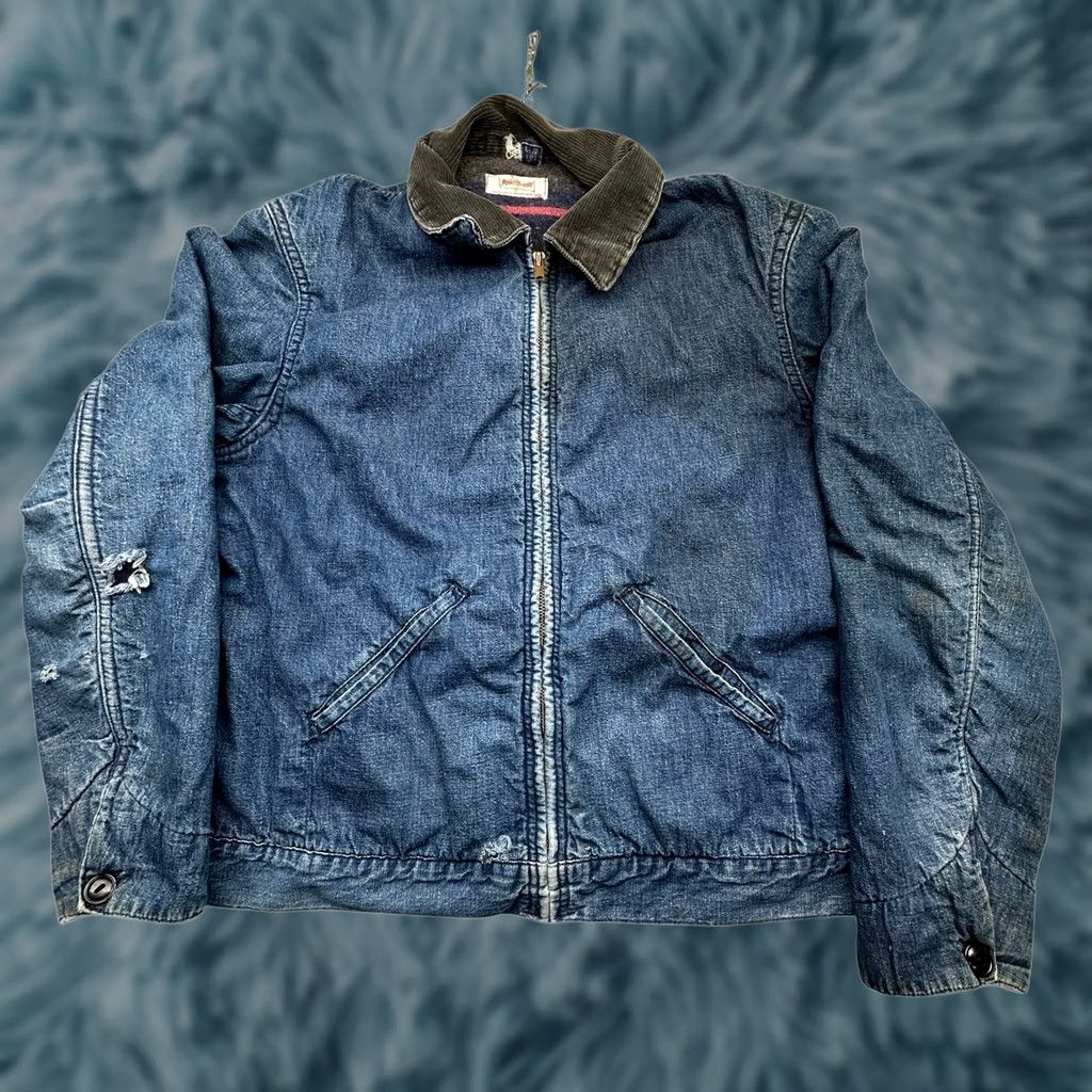 Denime VINTAGE Montgomery Denim Jacket Small Mens Regular 50s 60s Blanket Lined Zipper Full Zip Workwear Casual Cotton Blue Denim Jacket Size US S / EU 44-46 / 1 - 1 Thumbnail