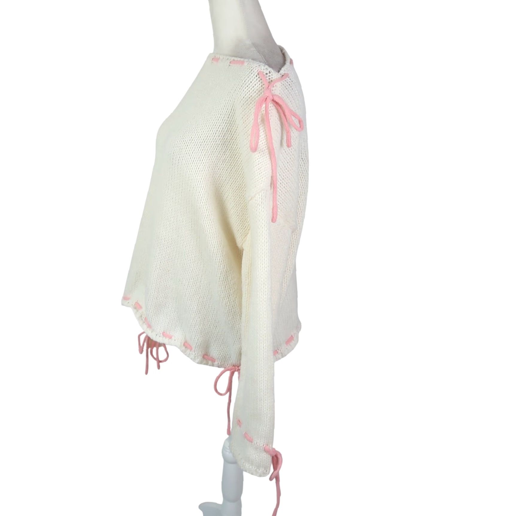 Fashion Nova fashion nova Cream Sweater L Women Long Sleeve Pullover Casual Acrylic Bow Drawstring Pink Coquette L Size L / US 10 / IT 46 - 3 Thumbnail