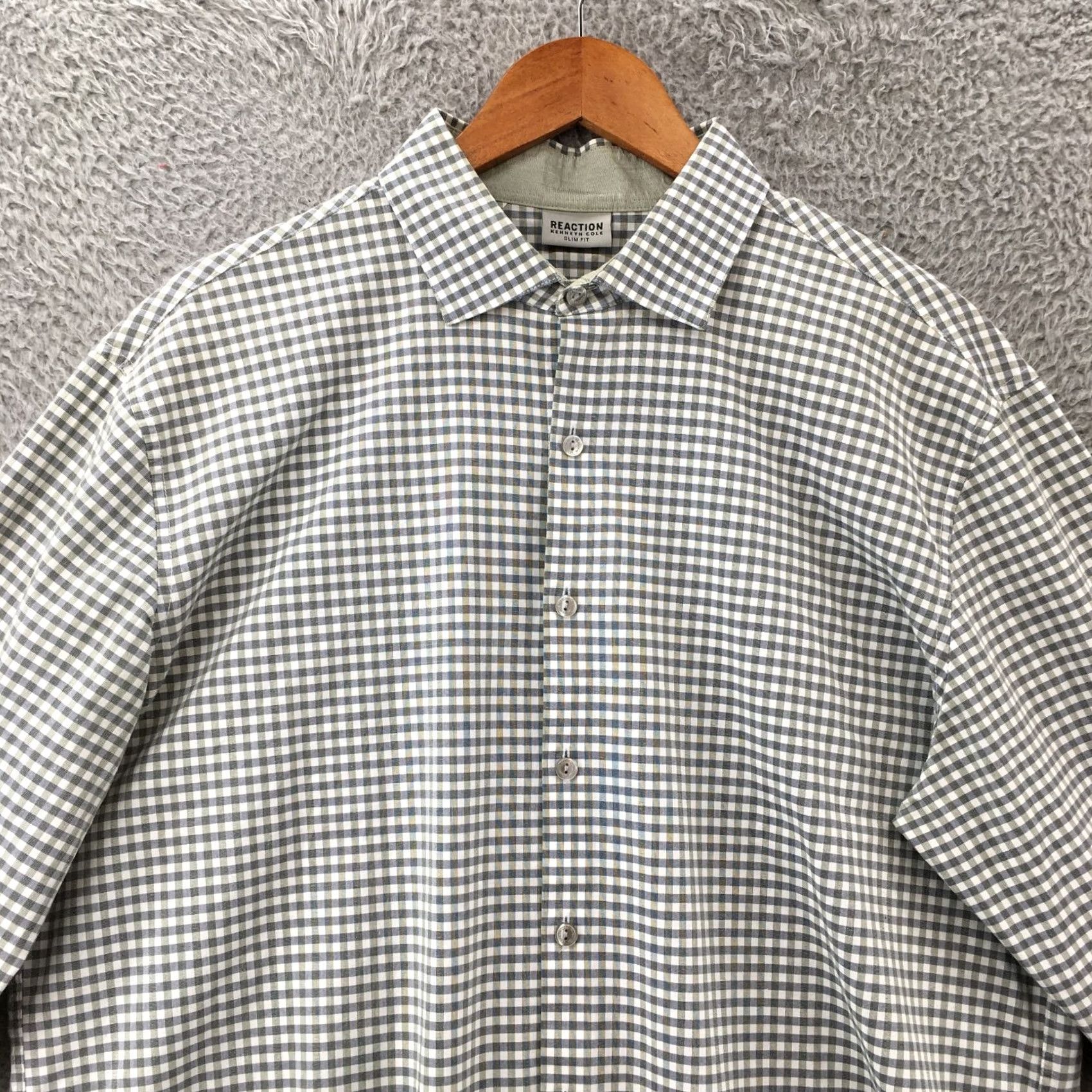 Kenneth Cole Kenneth Cole Button Up Long Sleeve Shirt Mens 17 Slim Fit Green Gingham Shirt Size US XL / EU 56 / 4 - 2 Thumbnail