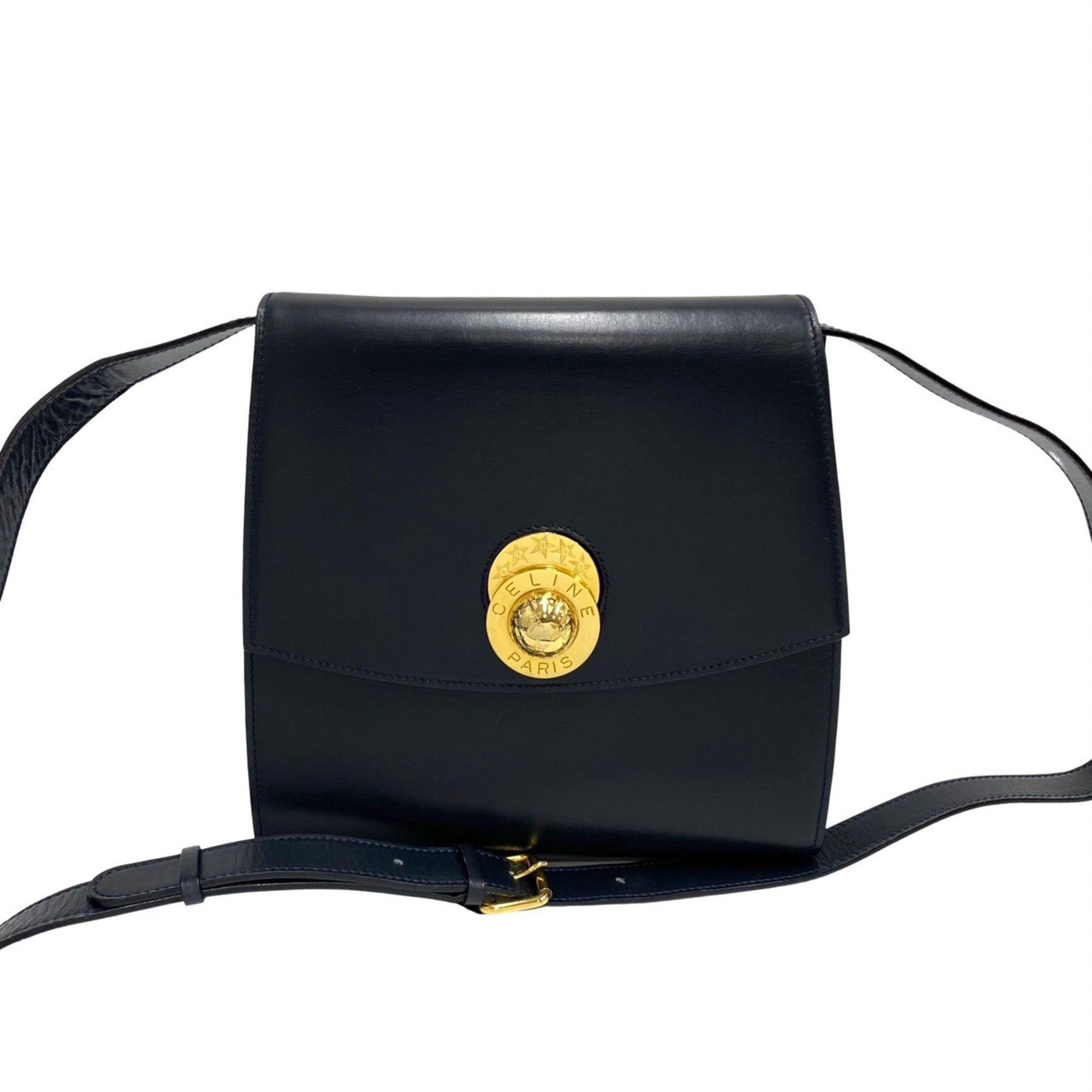 image of Celine Vintage Star Ball Hardware Calf Leather Genuine Shoulder Bag Crossbody Navy in Gold, Women's