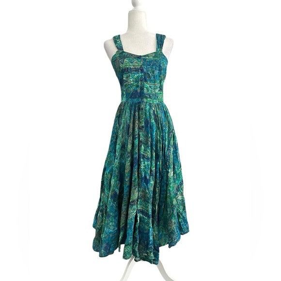 Other Vintage Paris Sports Club 100% Cotton Midi Blue and Green Fl Size M / US 6-8 / IT 42-44 - 2 Thumbnail