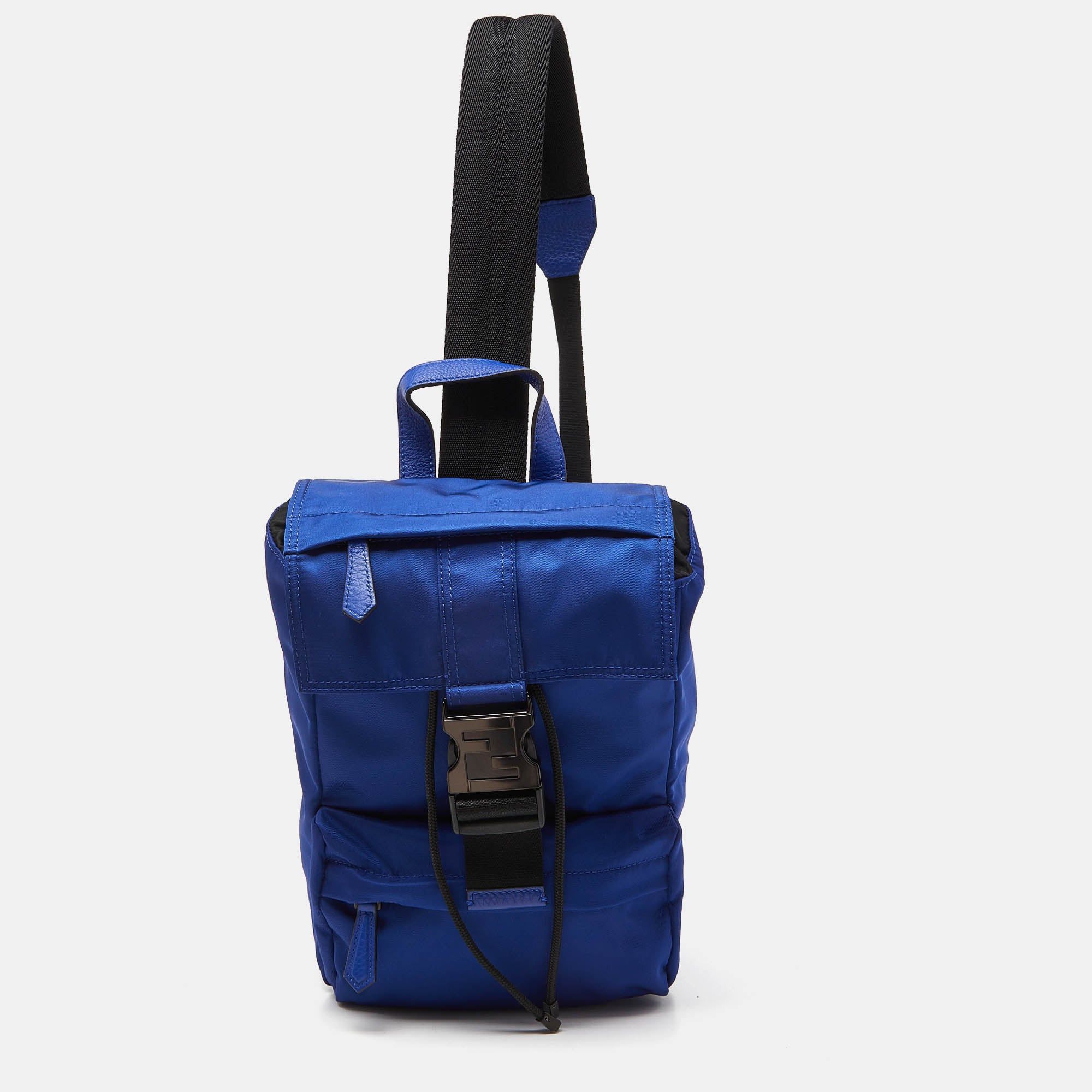 image of Fendi Blue/black Nylon Small Ness Sling Backpack, Men's