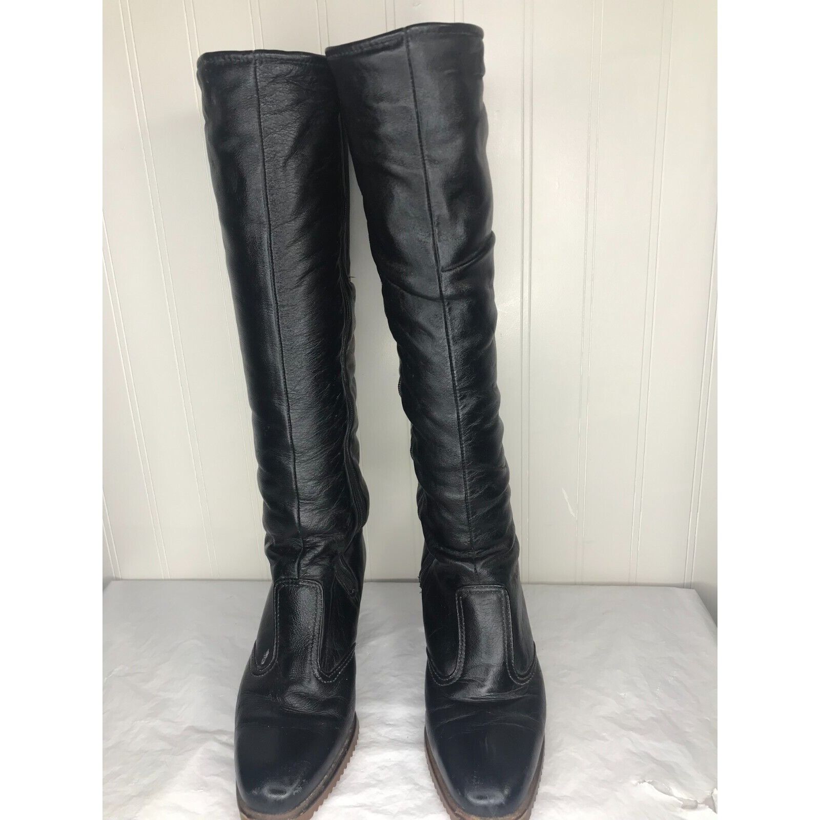 Vintage Vintage 1970s Cobbies Black Leather Block Heel Zipper Knee H Size US 6.5 / IT 36.5 - 2 Thumbnail
