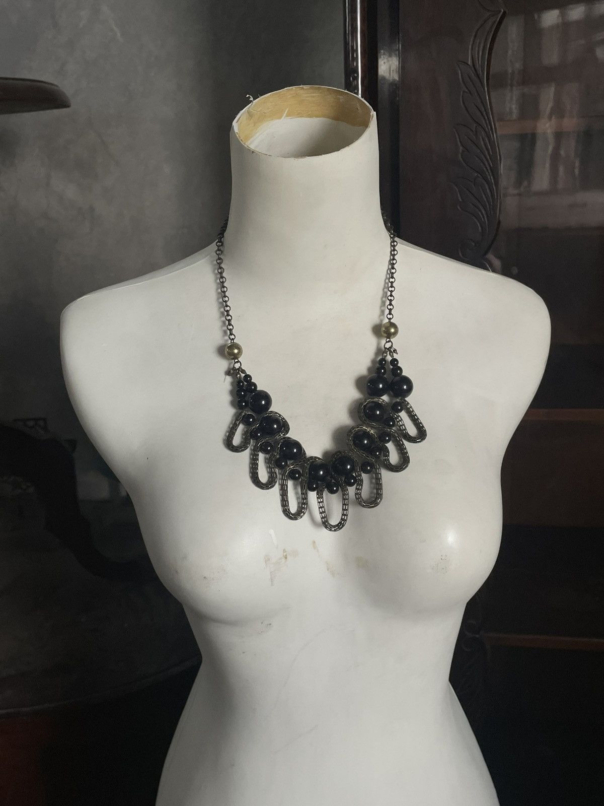 If Six Was Nine Vintage Antique Bronze Black Beaded Necklace Etnik Size ONE SIZE - 7 Thumbnail