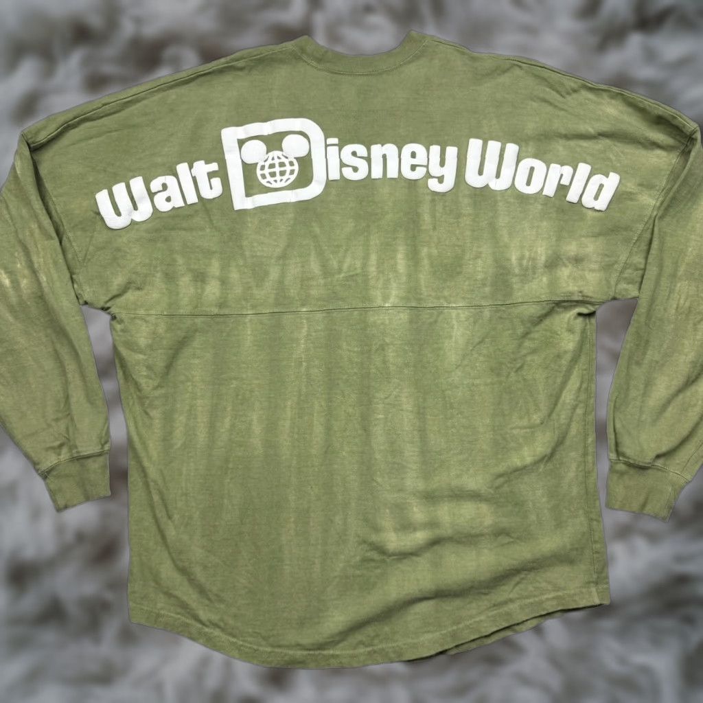 VINTAGE Disney Parks WDW Spirit Jersey Shirt Mens Small Military Green Tie Dye Pullover 100% Cotton Long Sleeve Double Sided Graphics