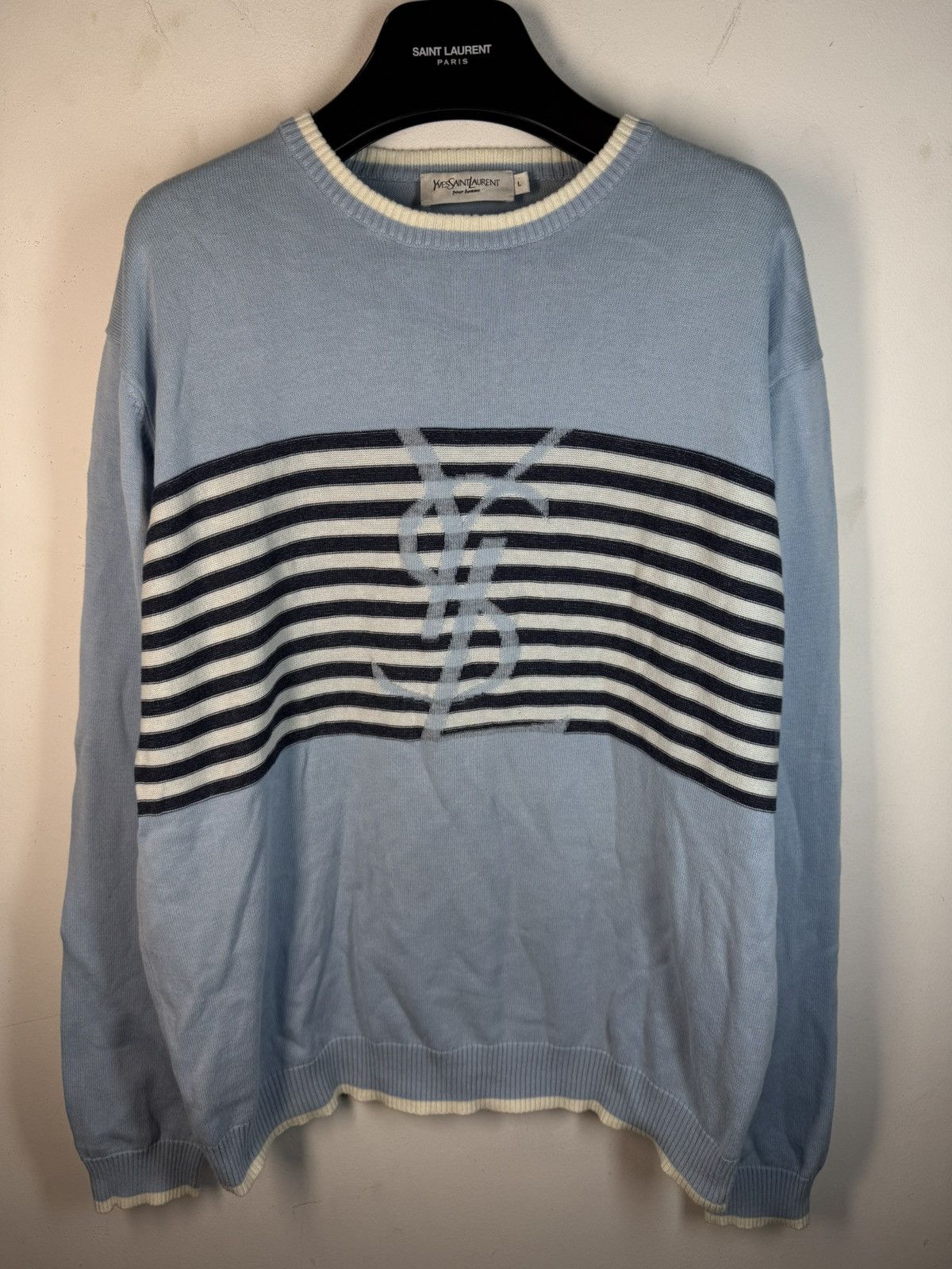 Yves Saint Laurent Blue YSL Sweater Knit Light Big Logo Size US L / EU 52-54 / 3 - 2 Thumbnail