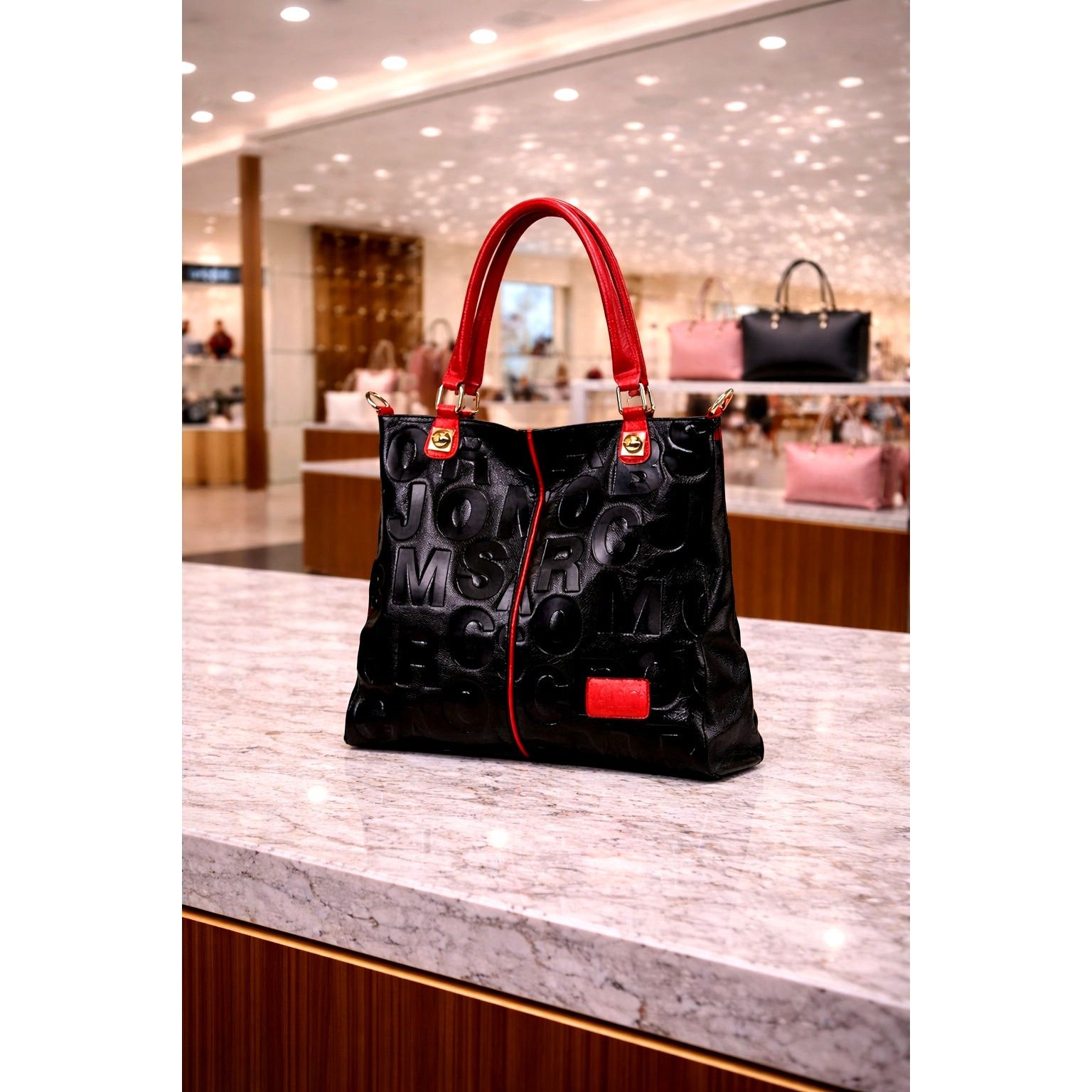 Other Genuine Leather Letter Embossed Tote Bag - Black/Red Size ONE SIZE - 1 Thumbnail