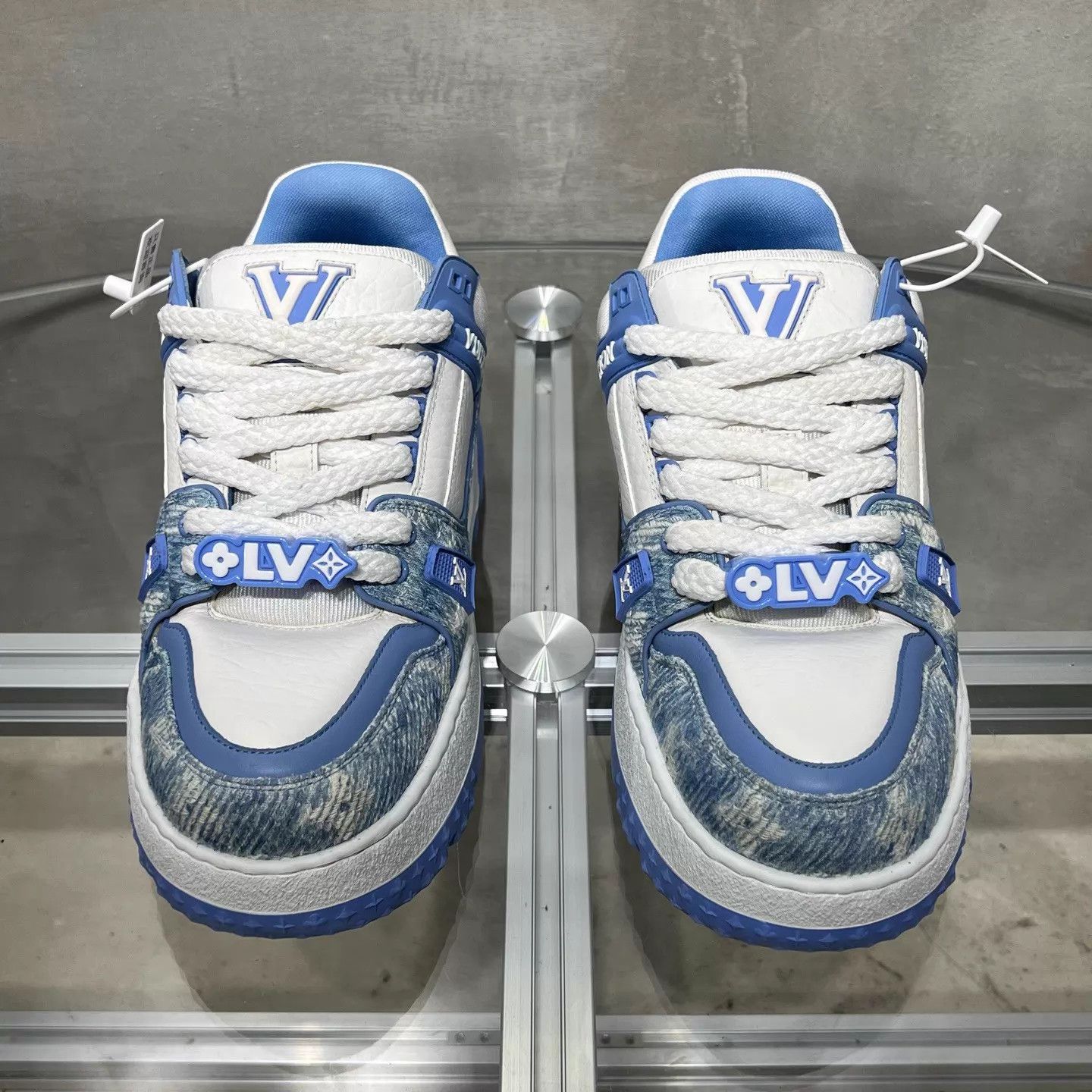 Louis Vuitton LV Trainer White Blue Denim Pudgy UK8 42 Size US 9 / EU 42 - 1 Thumbnail