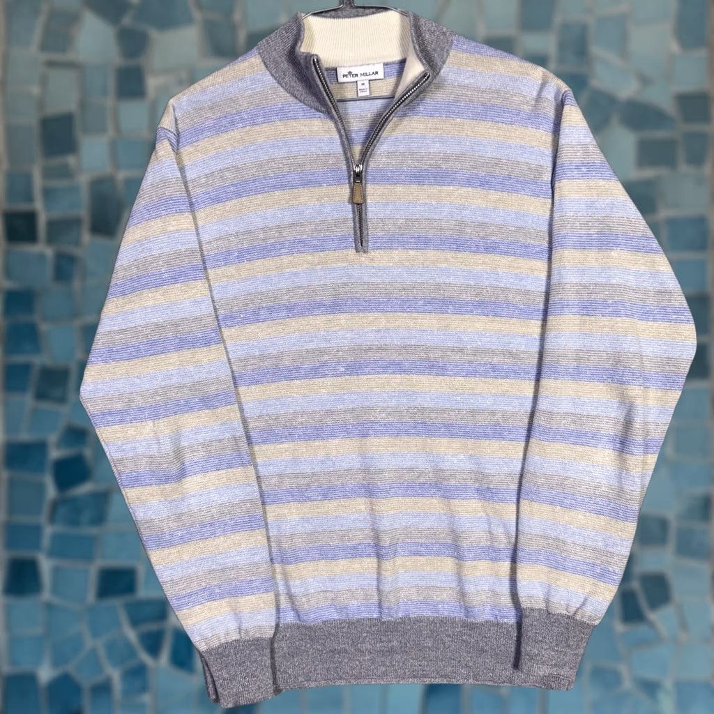 Peter Millar Peter Millar Sweater Mens M Crown Merino Wool Linen 1/4 Zip Pullover Jumper Slim Knit Navy Blue Striped Size US M / EU 48-50 / 2 - 1 Thumbnail