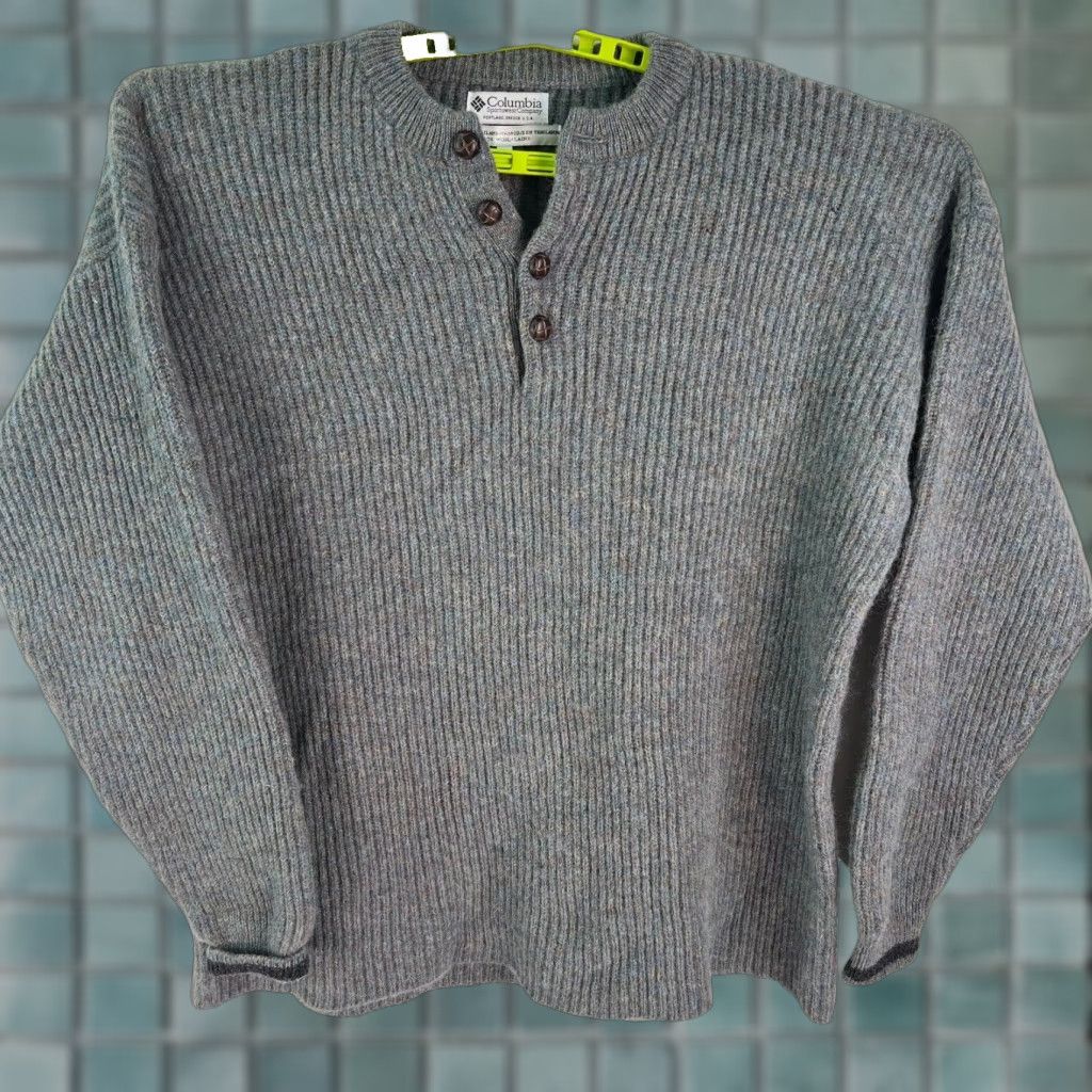 Vintage Columbia Mens Henley Gray Pullover Sweater XL Knit Crew Neck Button Accents Winter Casual Solid Wool Knit Style Pullover Regular Fit Size US XL / EU 56 / 4 - 1 Thumbnail