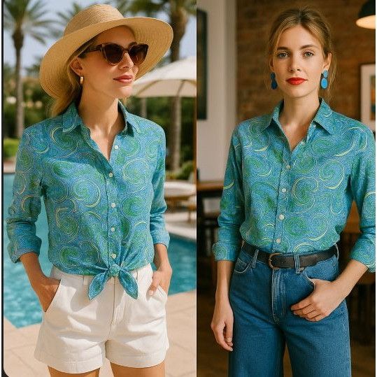 Talbots Talbots Women's Paisley Button Front Shirt Blue/Green 10 Pre Size L / US 10 / IT 46 - 1 Thumbnail