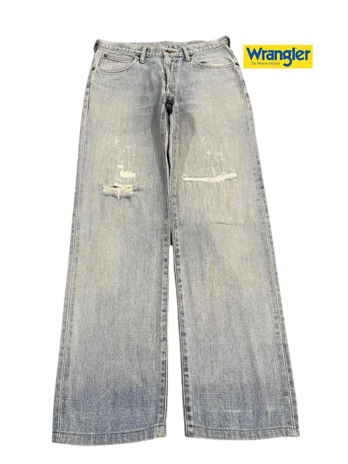 Wrangler Vintage 90s Wrangler Blue Wash Distress Straight Leg Loose Size US 30 / EU 46 - 1 Thumbnail