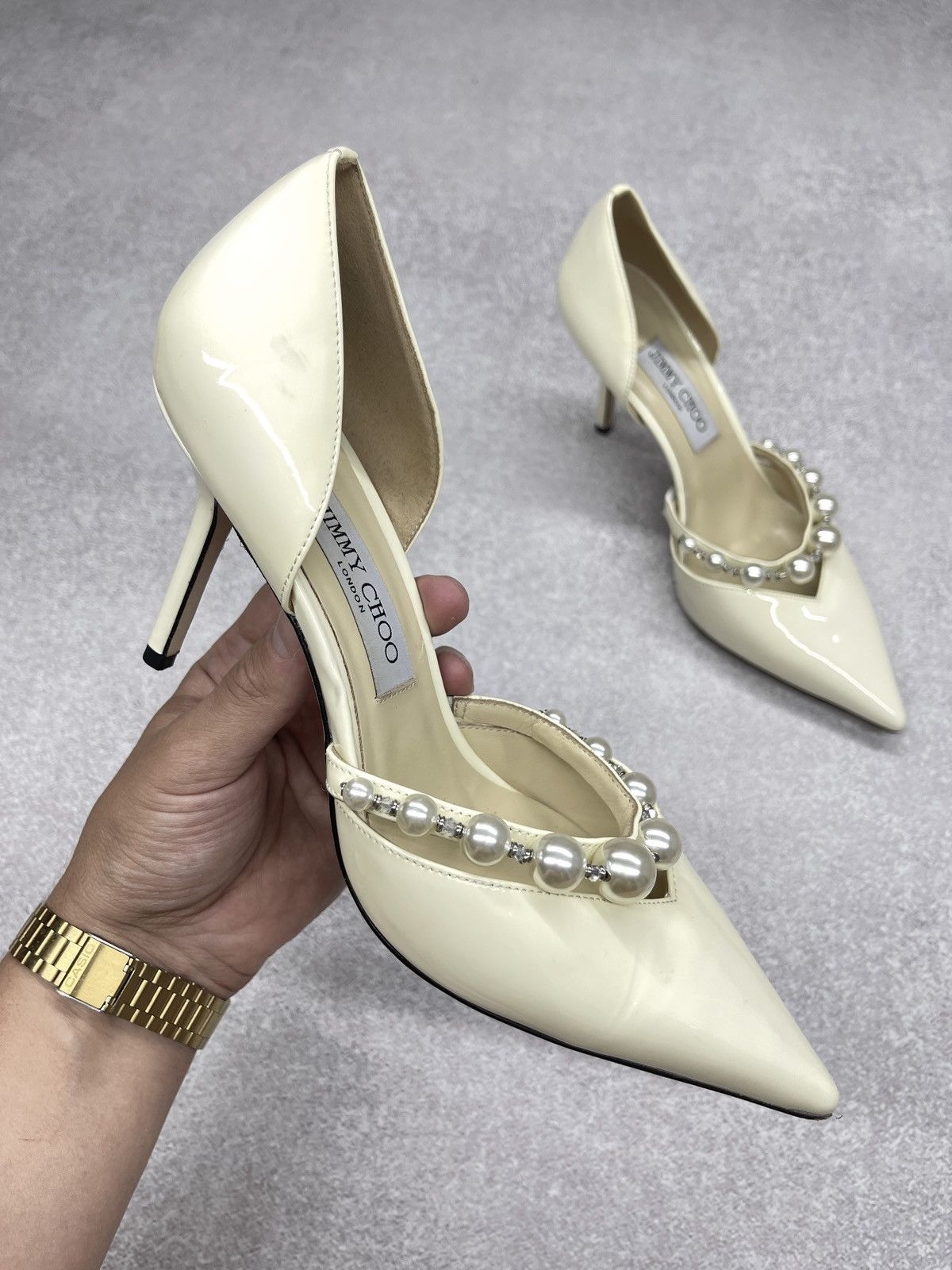 Jimmy Choo Jimmy Choo Beige Patent Leather Aurelie 85 Pump Heels Size US 9 / IT 39 - 1 Thumbnail