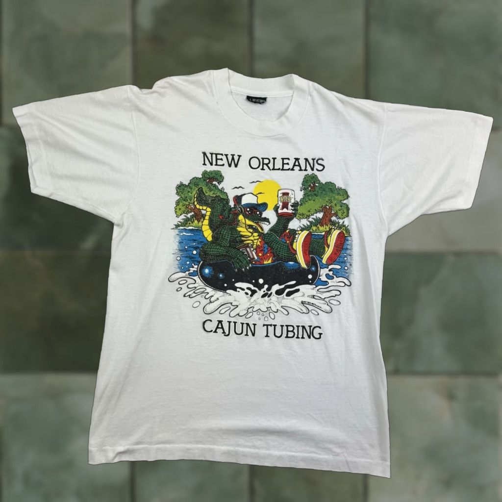 VINTAGE Cajun Tubing T-Shirt Adult Large White Graphic Print Funny 1980s Mens