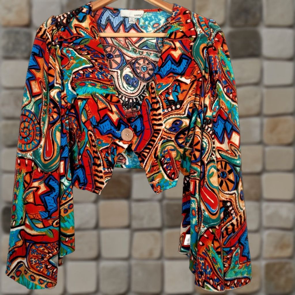 Bell VINTAGE LUUKSE Womens Cropped Blouse S Long Bell Sleeve Abstract Psychedelic Boho Festival Size S / US 4 / IT 40 - 1 Thumbnail