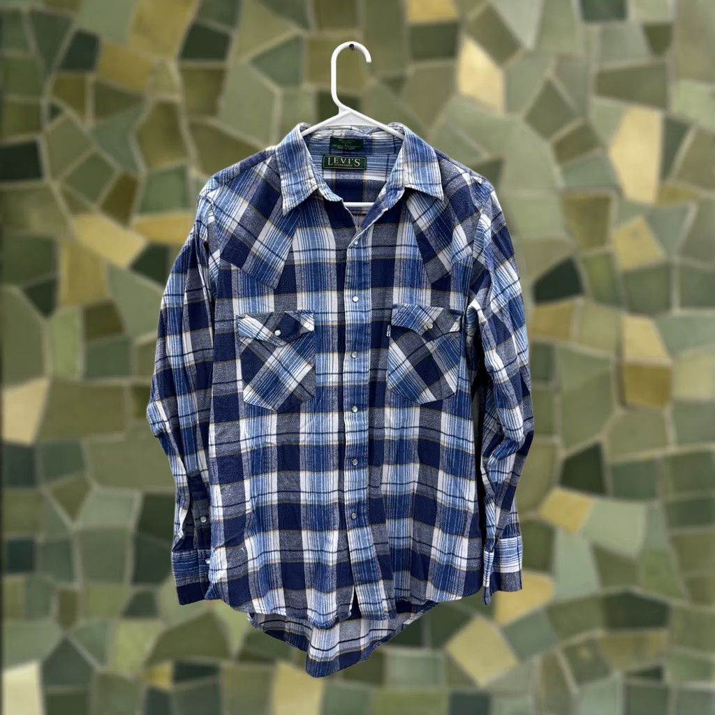 Levi's Levis Shirt Classic Plaid Long Sleeve Pearl Snap Up Vintage Sutter Creek Mens Large Blue Cotton Button-Up 80s 90s Fashion Mens Size US L / EU 52-54 / 3 - 1 Thumbnail