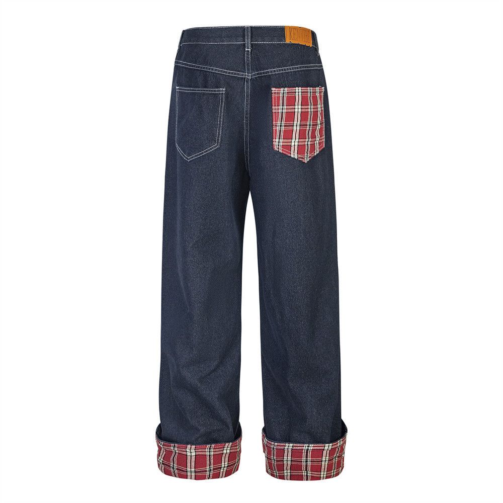 Men's trendy loose contrast plaid straight jeans