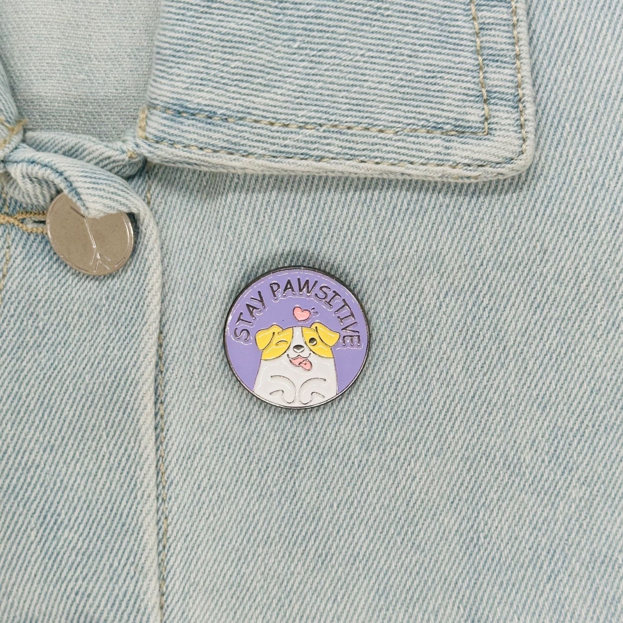 Other ✨STAY PAWSITIVE Cute Dog Animal Round Badge Cartoon Lapel Br Size ONE SIZE - 1 Thumbnail