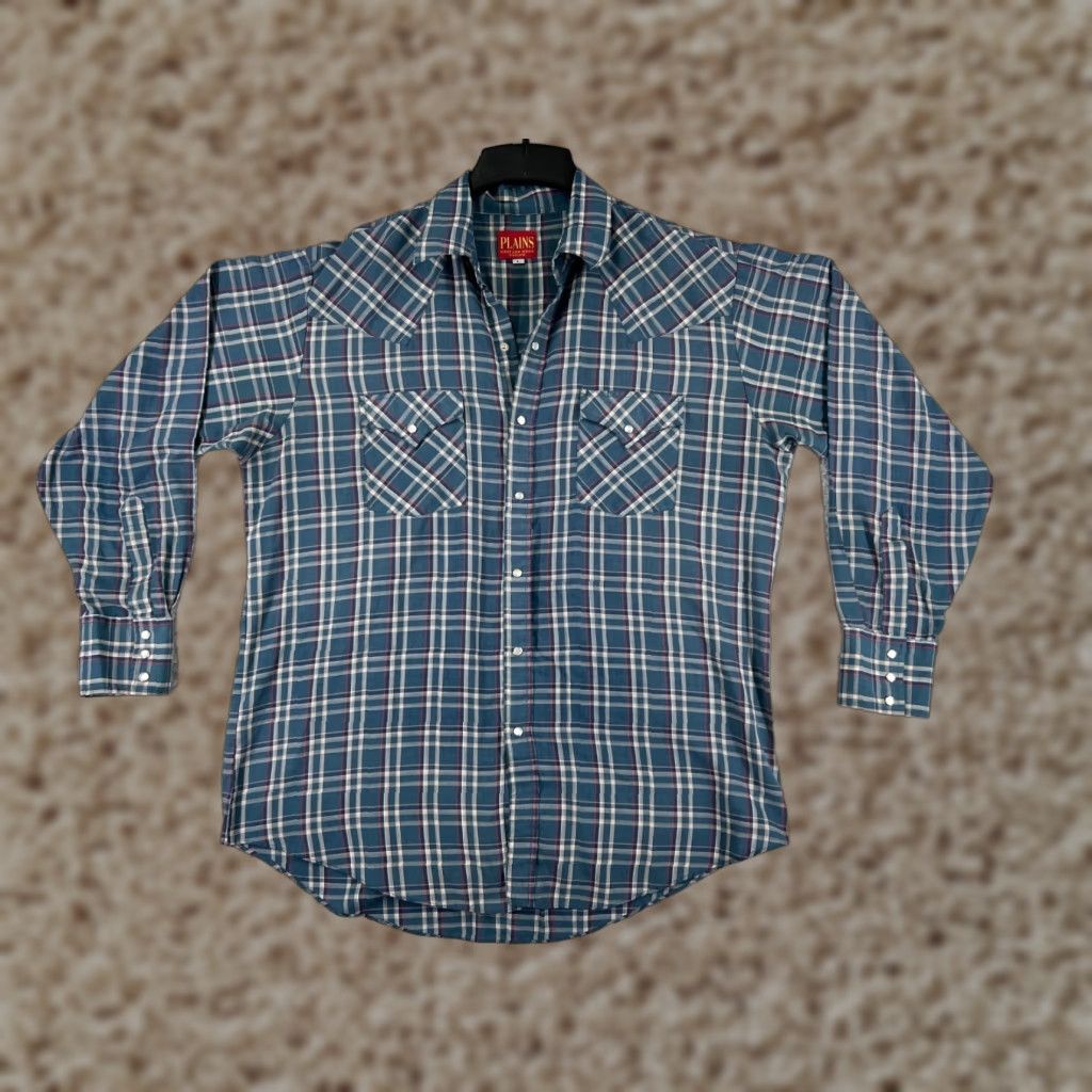 Vintage Plains Shirt Mens Large Blue Beige Plaid Pearl Snap Western Pockets Polyester Size US M / EU 48-50 / 2 - 1 Thumbnail