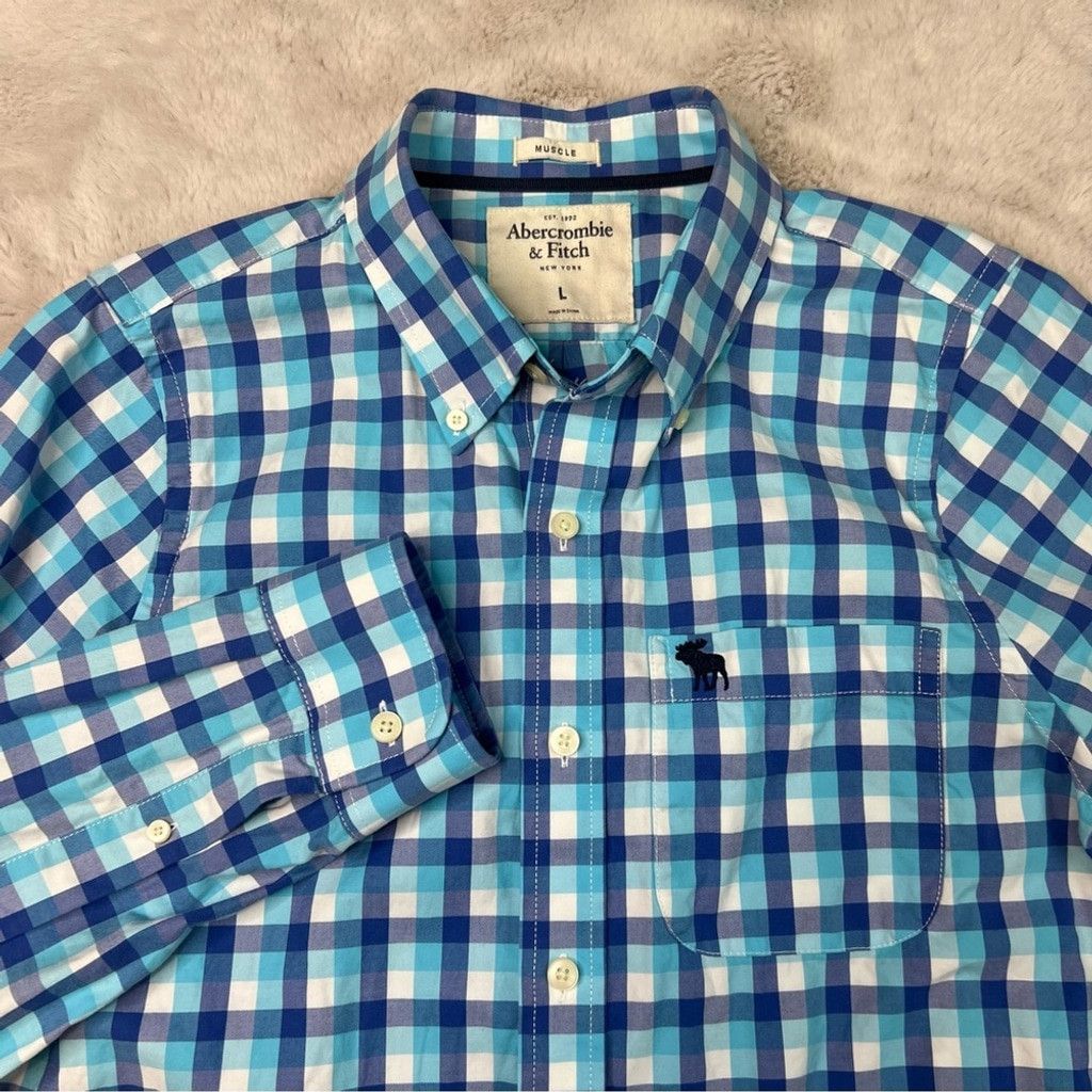 Abercrombie & Fitch Abercrombie & Fitch Blue White Plaid Muscle Shirt Mens Large Size US L / EU 52-54 / 3 - 2 Thumbnail