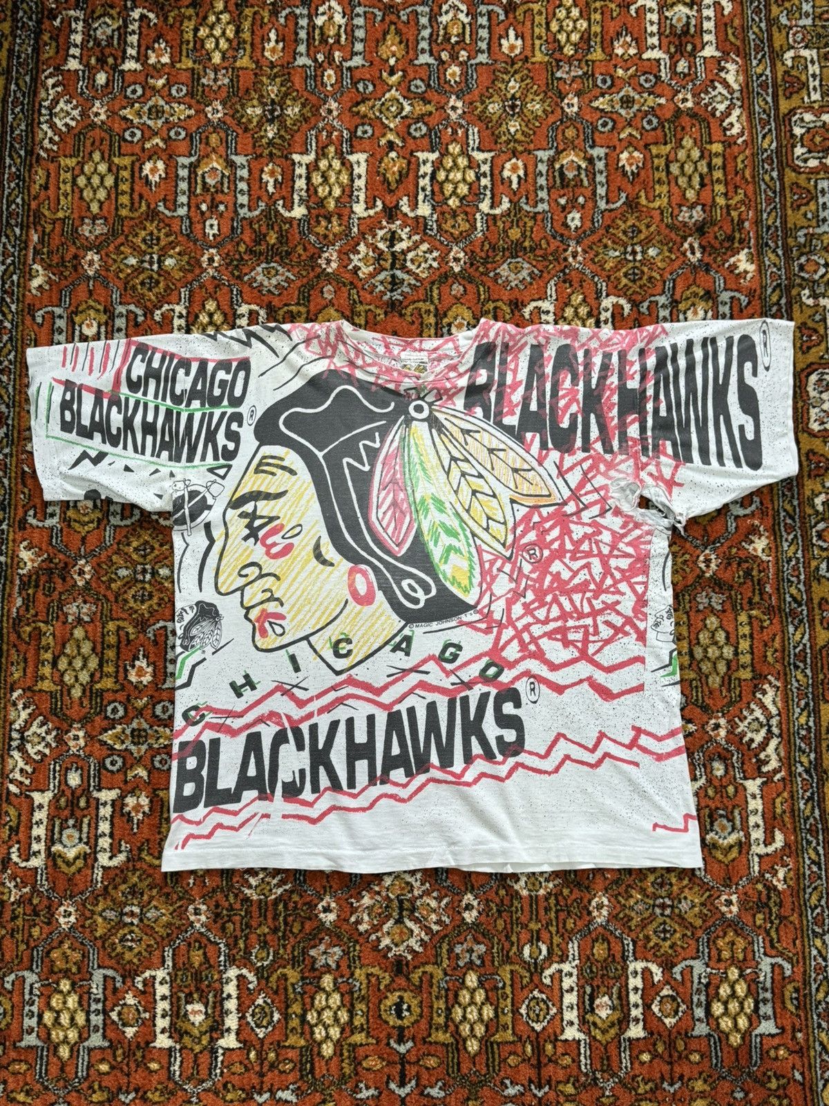 NHL Vintage90s Chicago Blackhawks All Over Print Magic Johnson Size US XL / EU 56 / 4 - 1 Thumbnail
