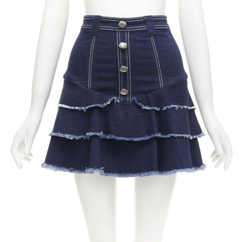 Aje AJE hammered silver buttons blue frayed edge tiered denim skirt UK6 XS Size 26" / US 2 / IT 38 - 1 Thumbnail