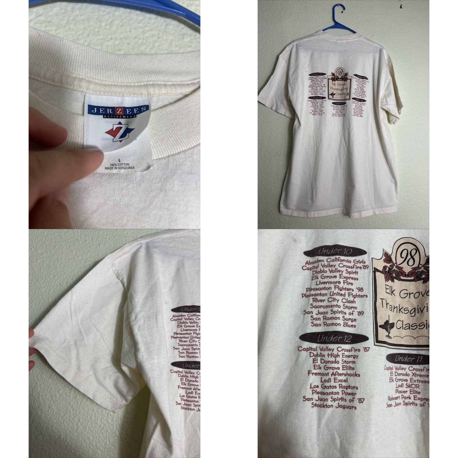 Jerzees VINTAGE Elk Grove Thanksgiving Soccer T Shirt Men L White 1998 Shirt Mens Size US L / EU 52-54 / 3 - 8 Thumbnail