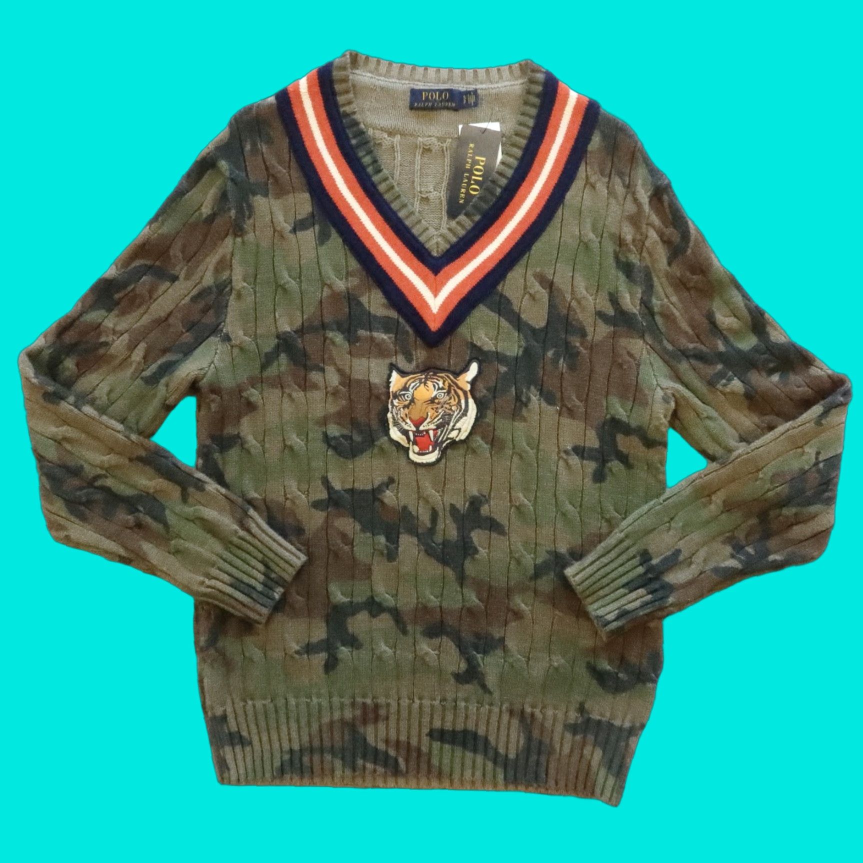 Polo Ralph Lauren Polo Ralph Lauren Tiger Patch Camo Cable Knit Varsity V Neck Sweater Size S Size US S / EU 44-46 / 1 - 1 Thumbnail
