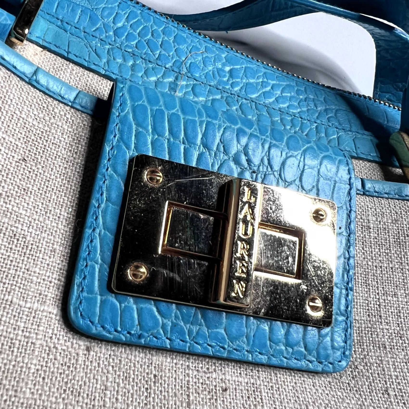 Ralph Lauren VINTAGE Lauren Ralph Lauren Shoulder Bag Womens Small Blue Canvas Croc Faux Leather Zip Size ONE SIZE - 3 Thumbnail