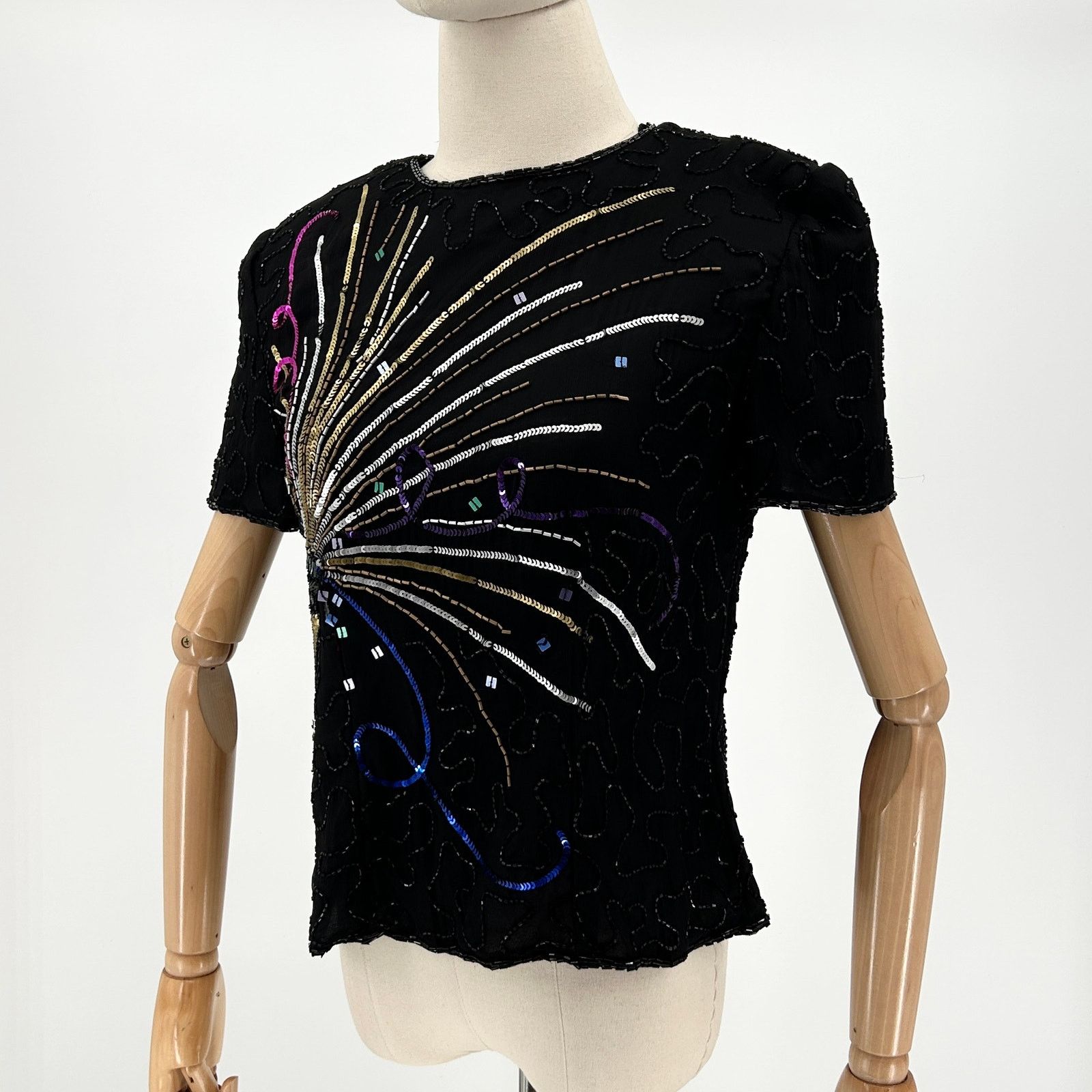 Adrianna Papell Black 100% Silk Sequin Champagne NYE Top Size S / US 4 / IT 40 - 4 Thumbnail