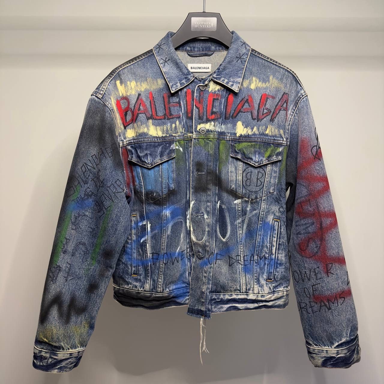 image of Balenciaga Distressed Graffiti Denim Jacket in Blue/Red, Men's (Size XS)