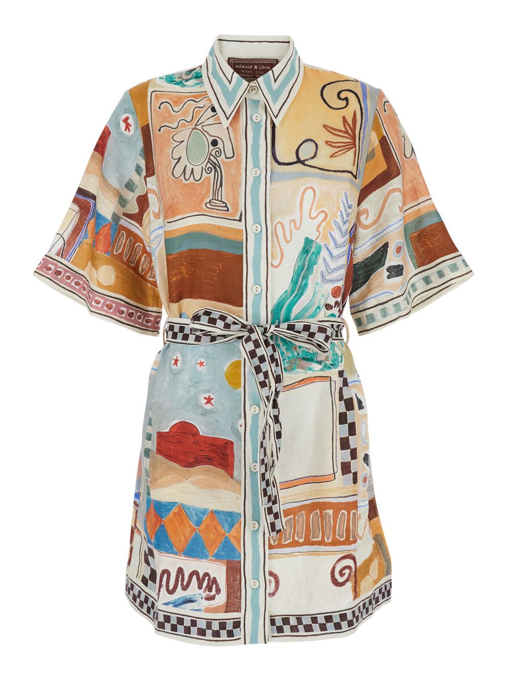 ALEMAIS 'Michelle' Multicolor Mini Dress with Classic Collar and All-Over Geometric Motif in Linen for Women Size S / US 4 / IT 40 - 1 Thumbnail