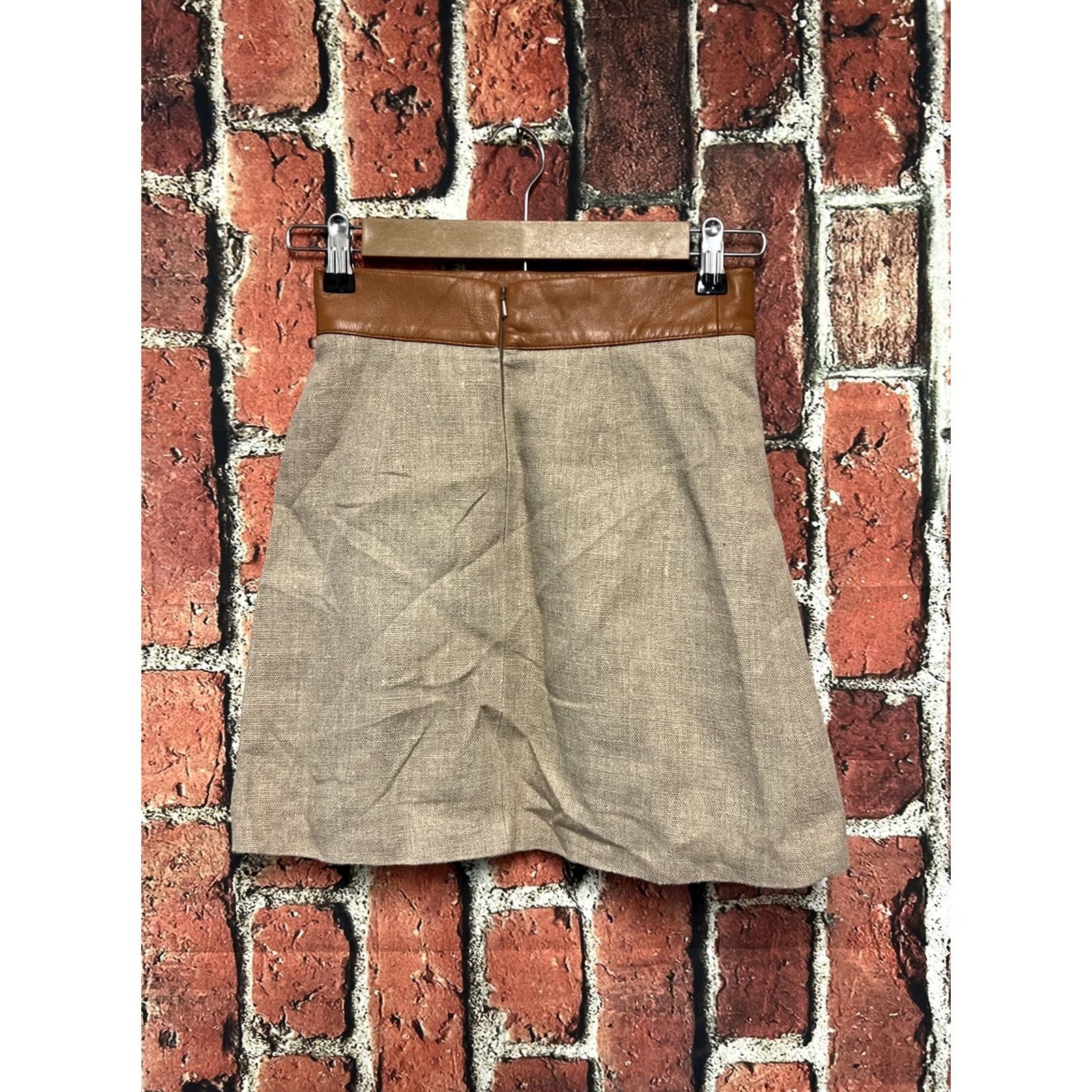 Vintage Tods Womens Skirt Linen Lamb Leather Trim Brown 36 Size 25" / US 0 / IT 36 - 3 Thumbnail