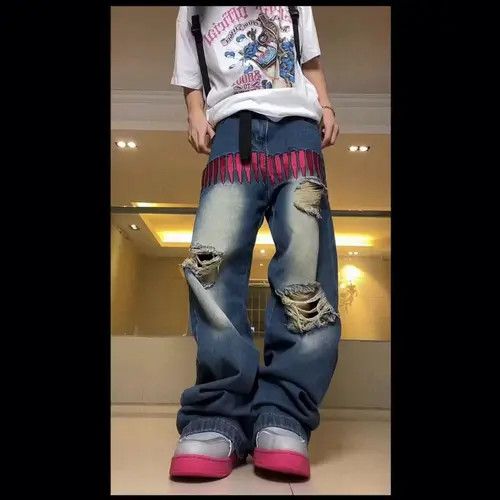 image of American Hip-Hop Retro Loose Wide-Leg Pants in Red, Men's (Size 35)