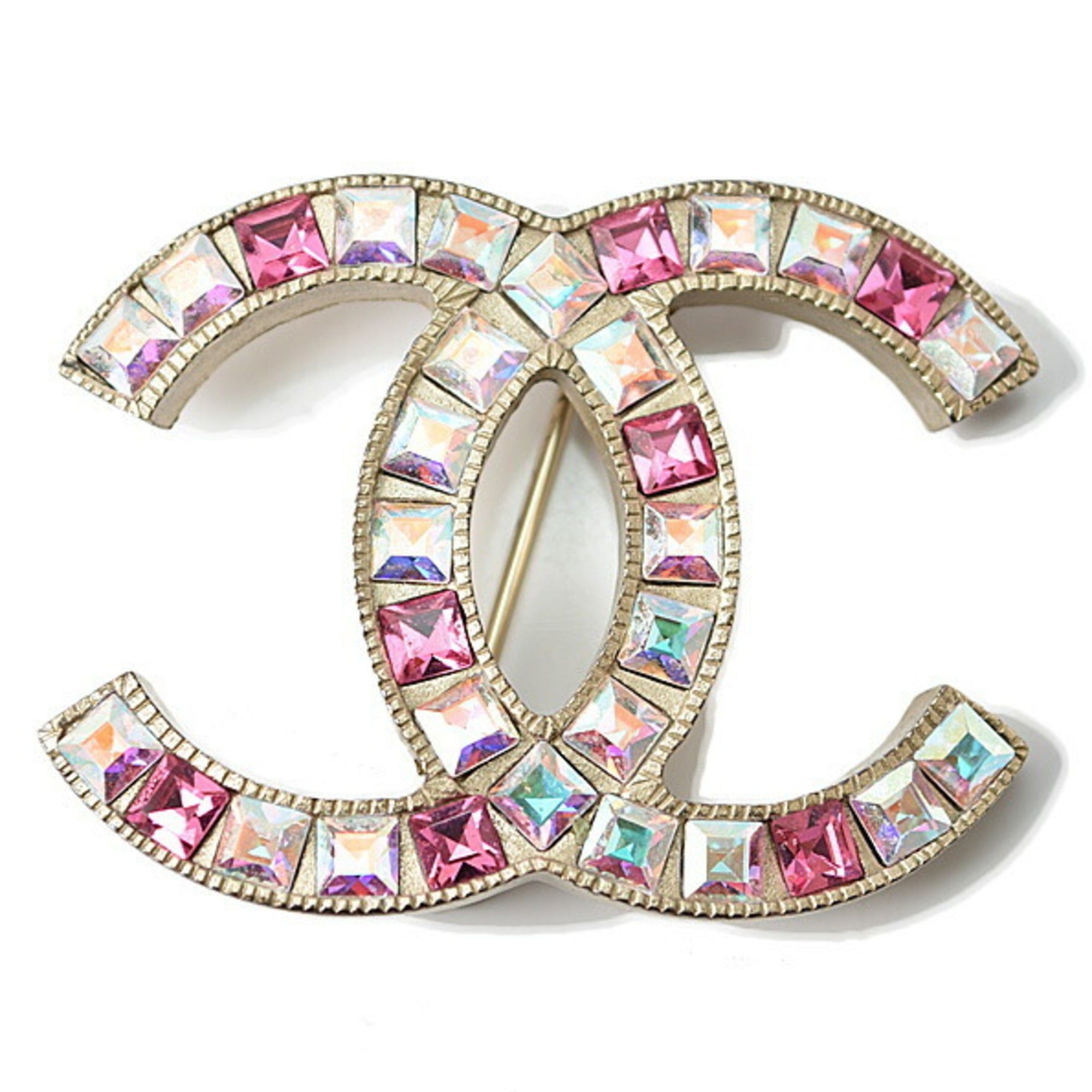 image of Chanel Brooch Pin Here Mark Rhinestone Pink Multi Gold in Black, Women's