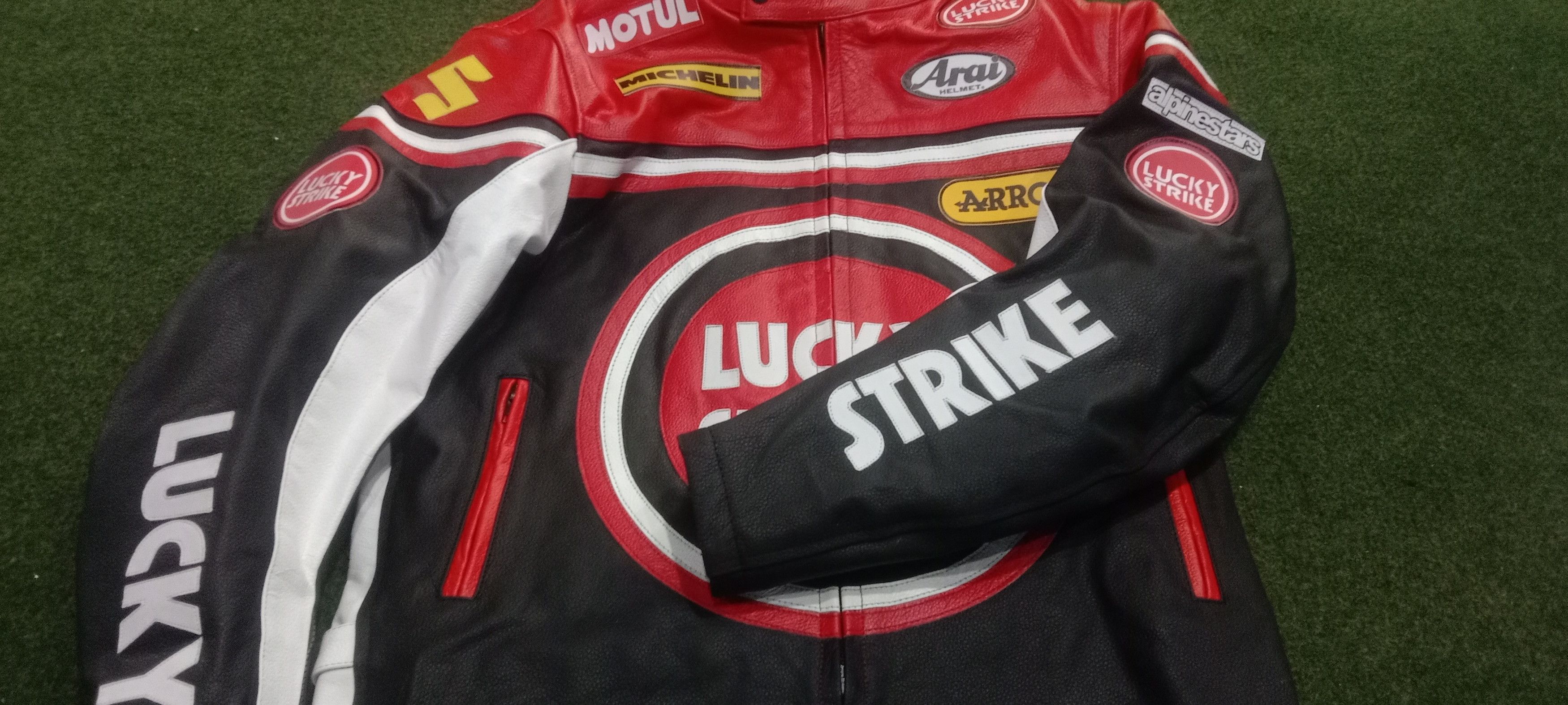 image of Genuine Leather Vintage Lucky Strike Motorcycle Racing Real Leather Jacket, Men's (Size Medium)