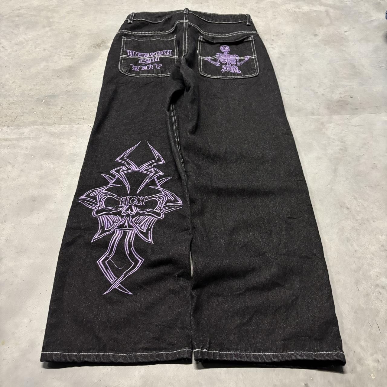 Japanese Brand × Vintage Crazy Vintage Y2K/2000s Black Grunge Embroidered Design Skater Streetwear Denim Jeans! Size US 29 - 4 Thumbnail