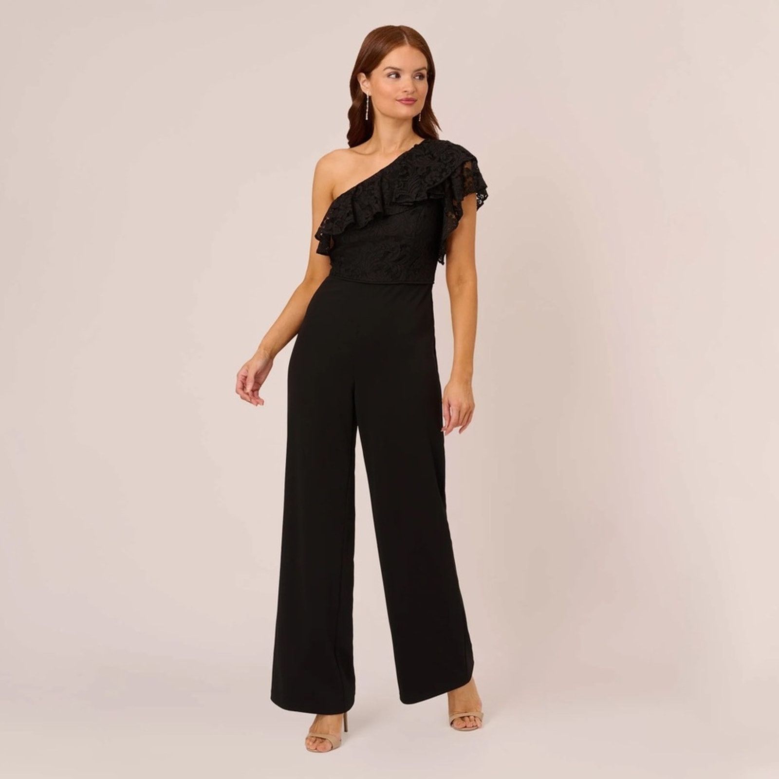 Adrianna Papell Adrianna Pappell 1 Shoulder Jumpsuit Lace Ruffle Black Sz 8 Size 30" / US 8 / IT 44 - 1 Thumbnail