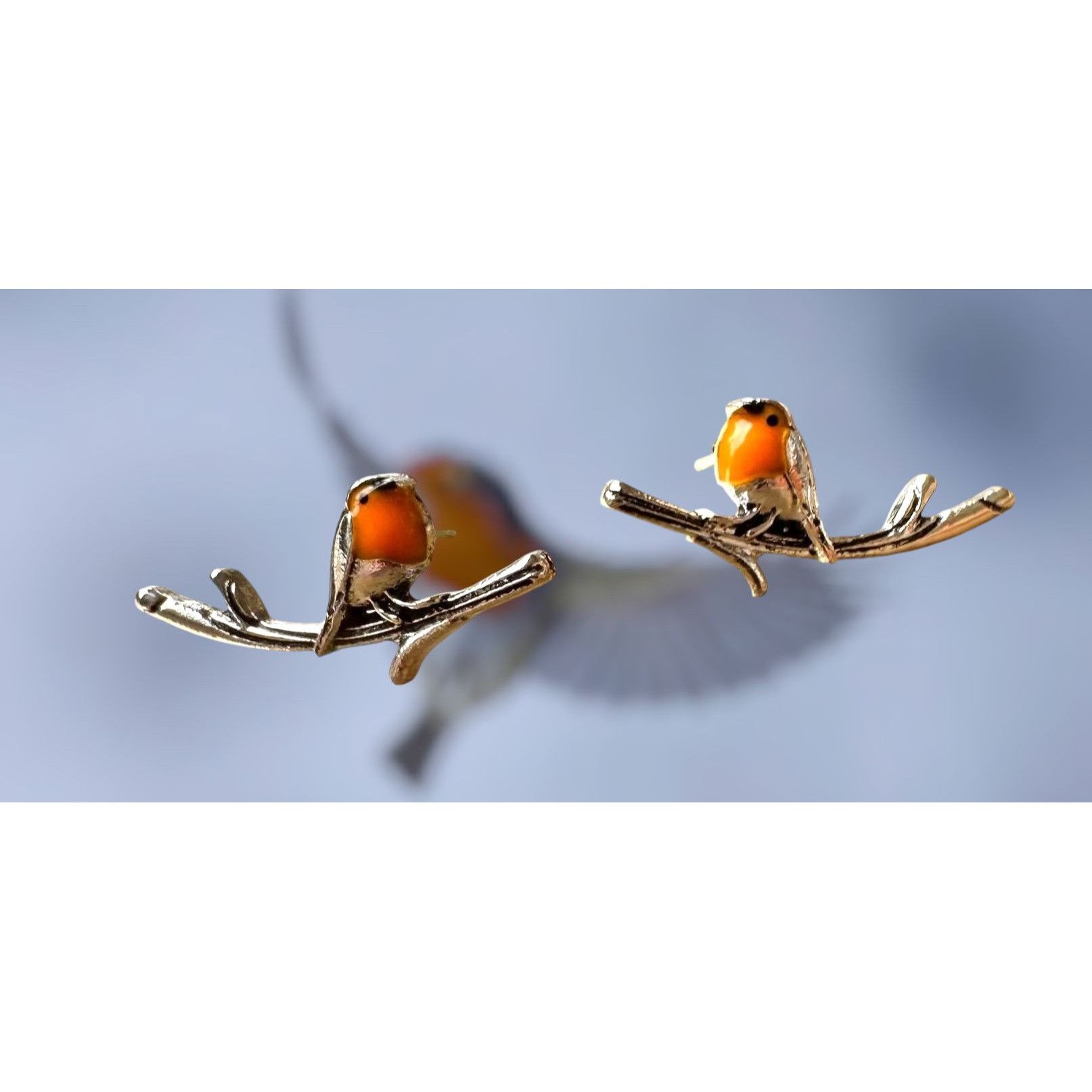 Handmade Robin Bird Earrings Ear Climbers New Orange Silver Tree Bran Size ONE SIZE - 6 Thumbnail