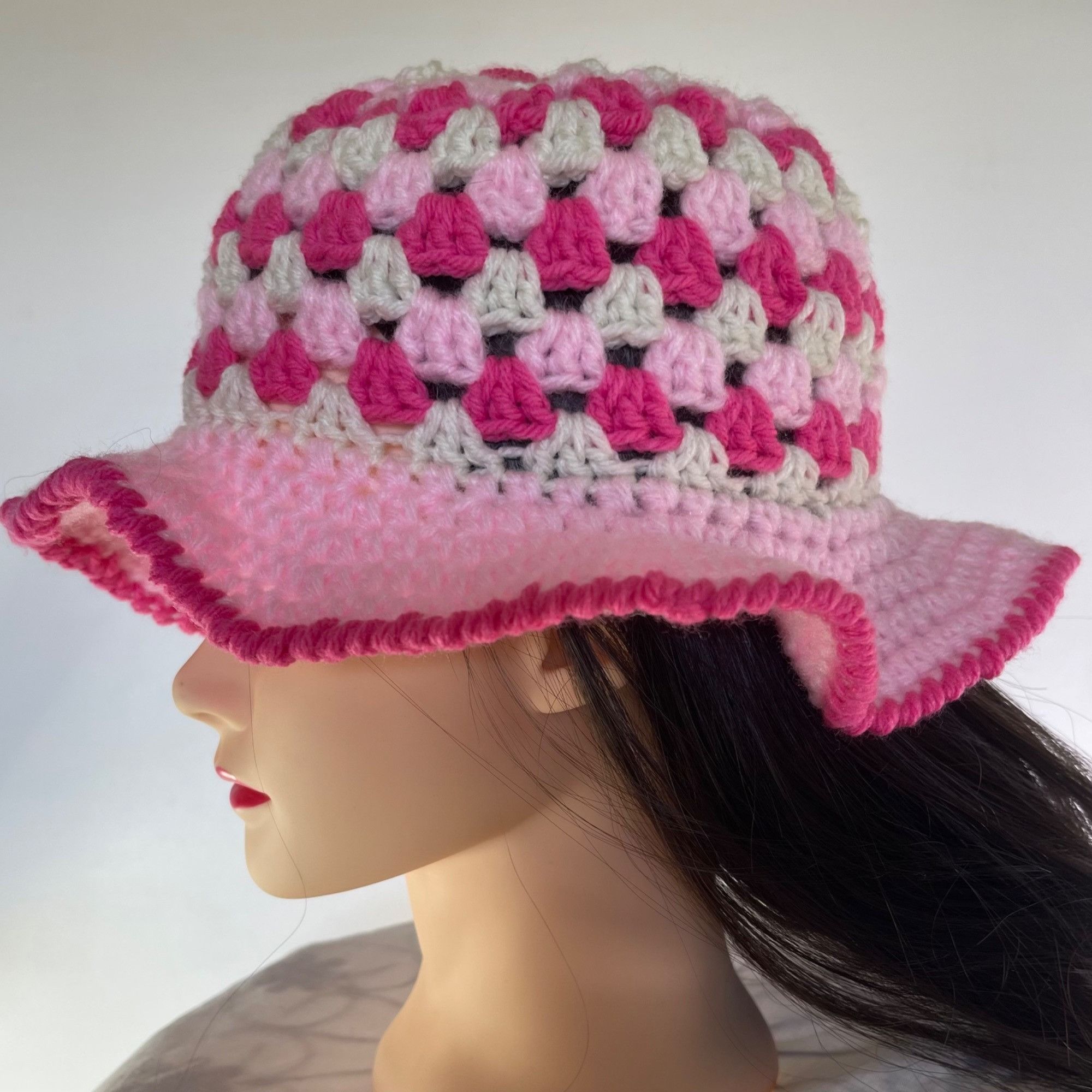 Handmade Crochet Bucket Hat Granny Square Pattern Pink and White Adul Size ONE SIZE - 2 Thumbnail