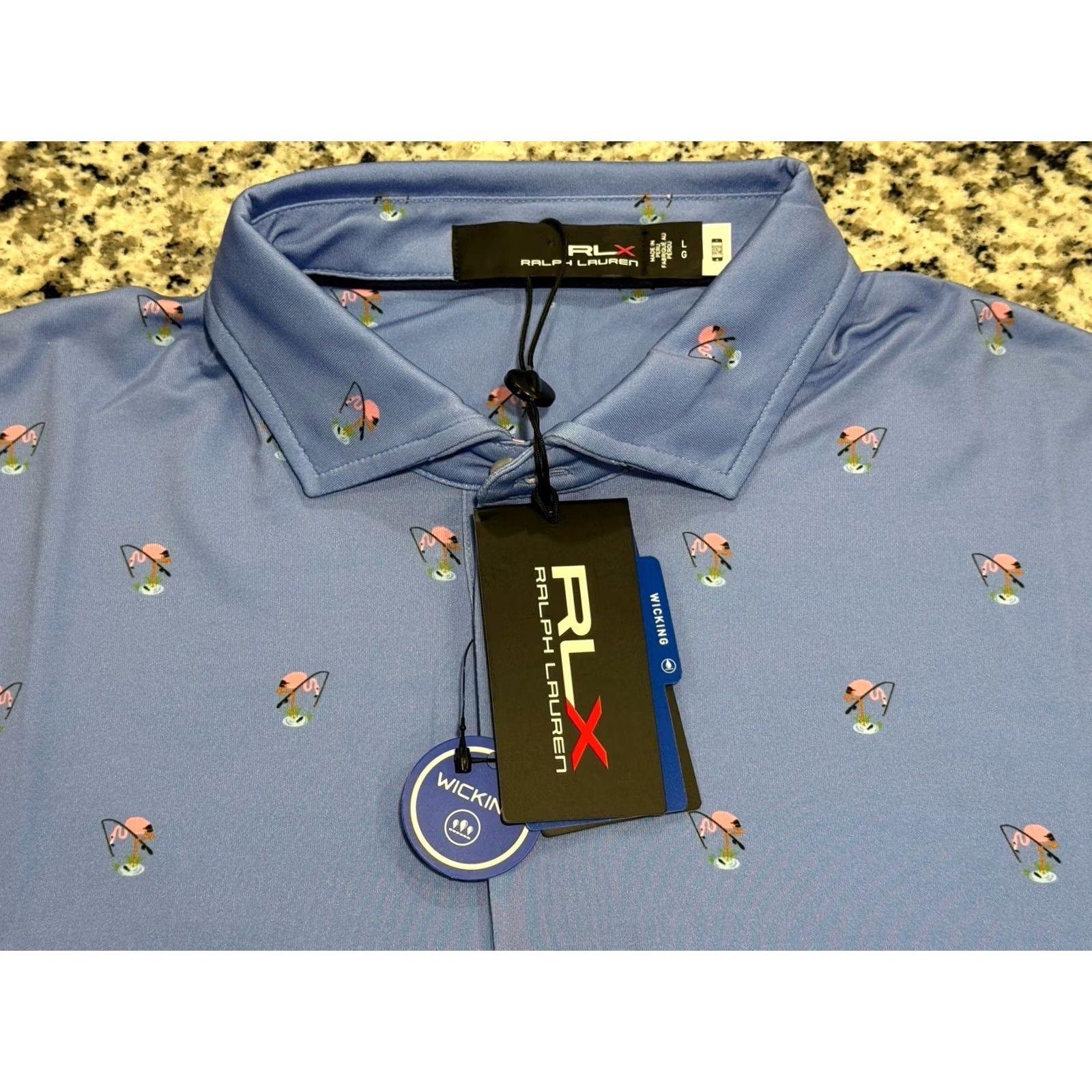 Ralph Lauren VINTAGE NWT RLX Ralph Lauren Fishing Flamingo Golf Polo Shirt Blue Sz L Retail 8.50 Size US L / EU 52-54 / 3 - 2 Thumbnail