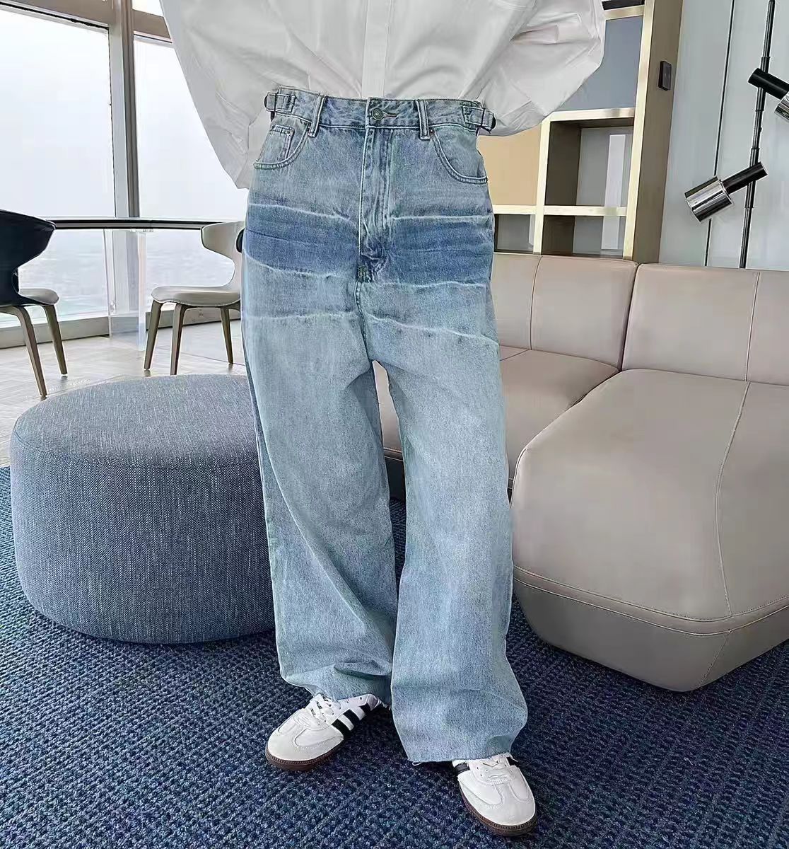 Crease design washed wide leg vintage jeans