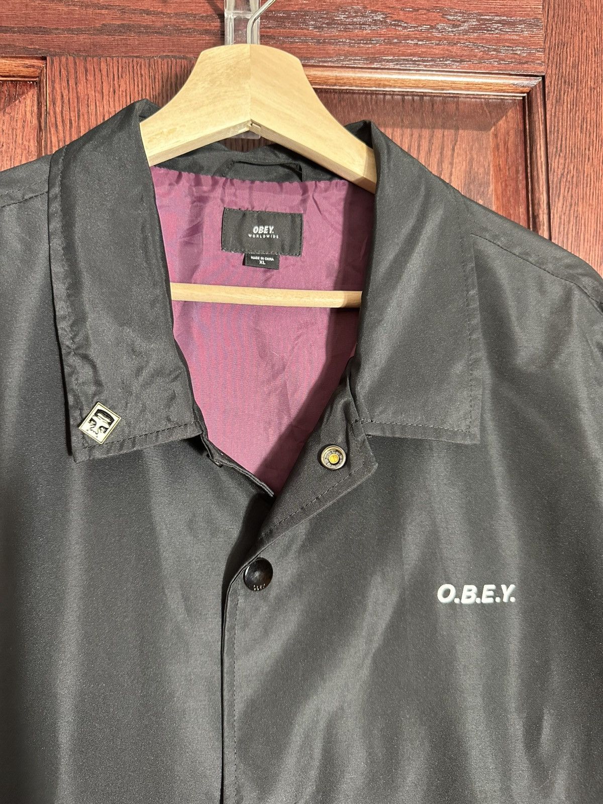 Obey OBEY Clothing Coaches Jacket Black Burgundy Lined w Icon Pin Size US XL / EU 56 / 4 - 1 Thumbnail