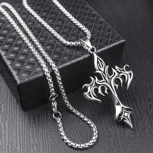 Jewelry Chrome Silver Cross Chain Goth God Pendant Necklace Size ONE SIZE - 1 Thumbnail
