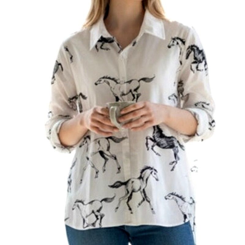 Other White Black Button Down VNeck Horse Print Long Sleeve Blouse Size S / US 4 / IT 40 - 1 Thumbnail