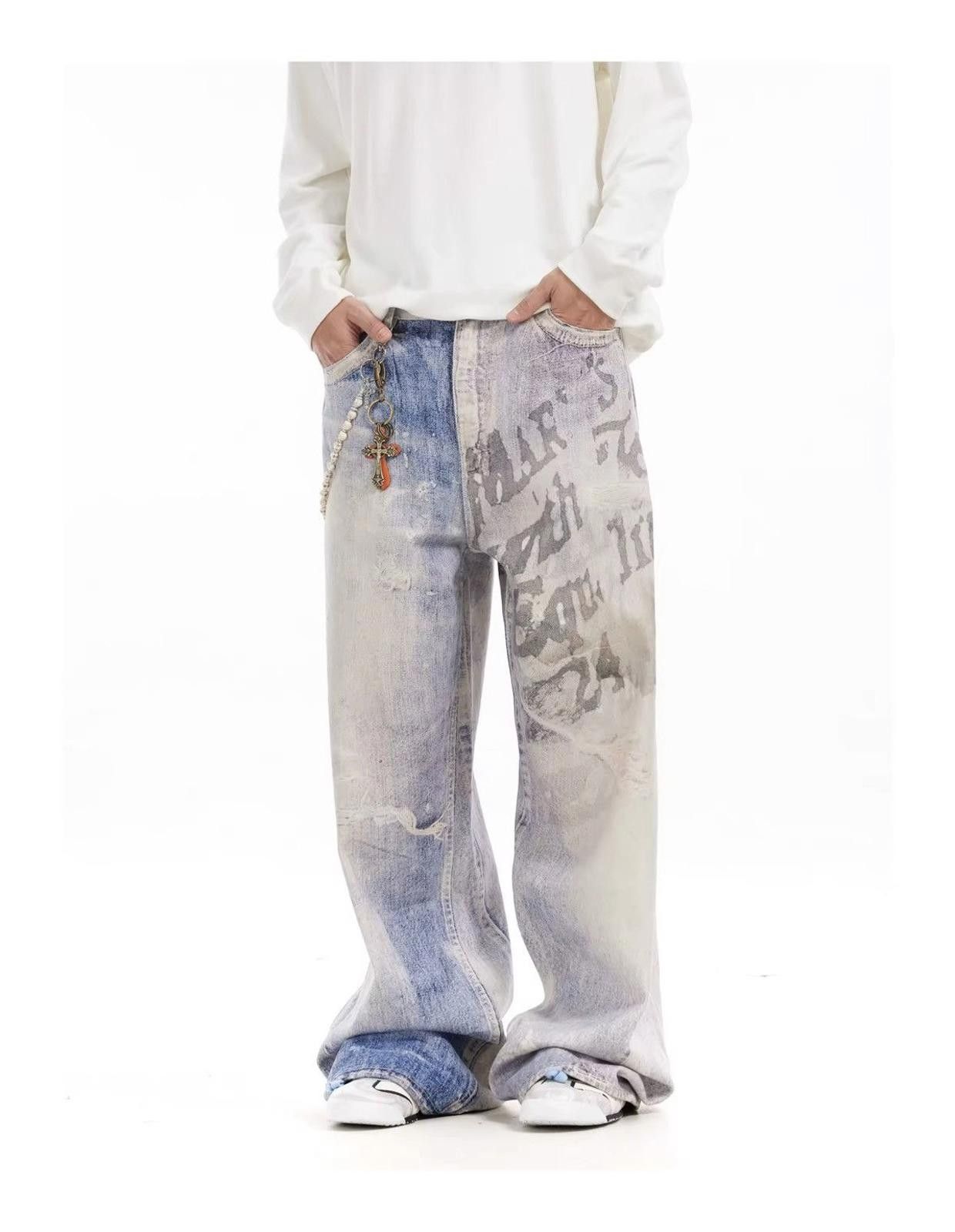 Letters Disstressed Washed Wide Leg Jeans