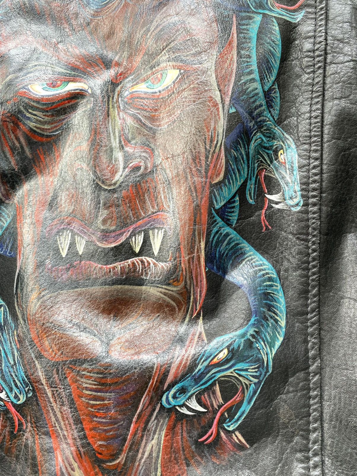 Other Rare! Vintage 70s Leather Jacket Art Face In Snakes Medusa Size US L / EU 52-54 / 3 - 19 Thumbnail