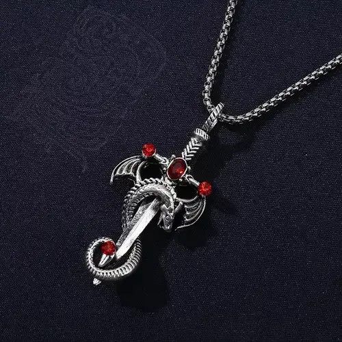 Jewelry Demon Dragon Necklace Sword Dagger Red Stone Chain Anime Art in Silver, Men's
